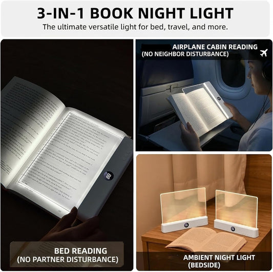 Book Light for Night Reading, Rechargeable Flat Page Light with Even Illumination & Eye-Friendly Dimming, Protective Scratch-Free Pouch Included, Portable Lamp for Bed, Airplane & Travel (white)
