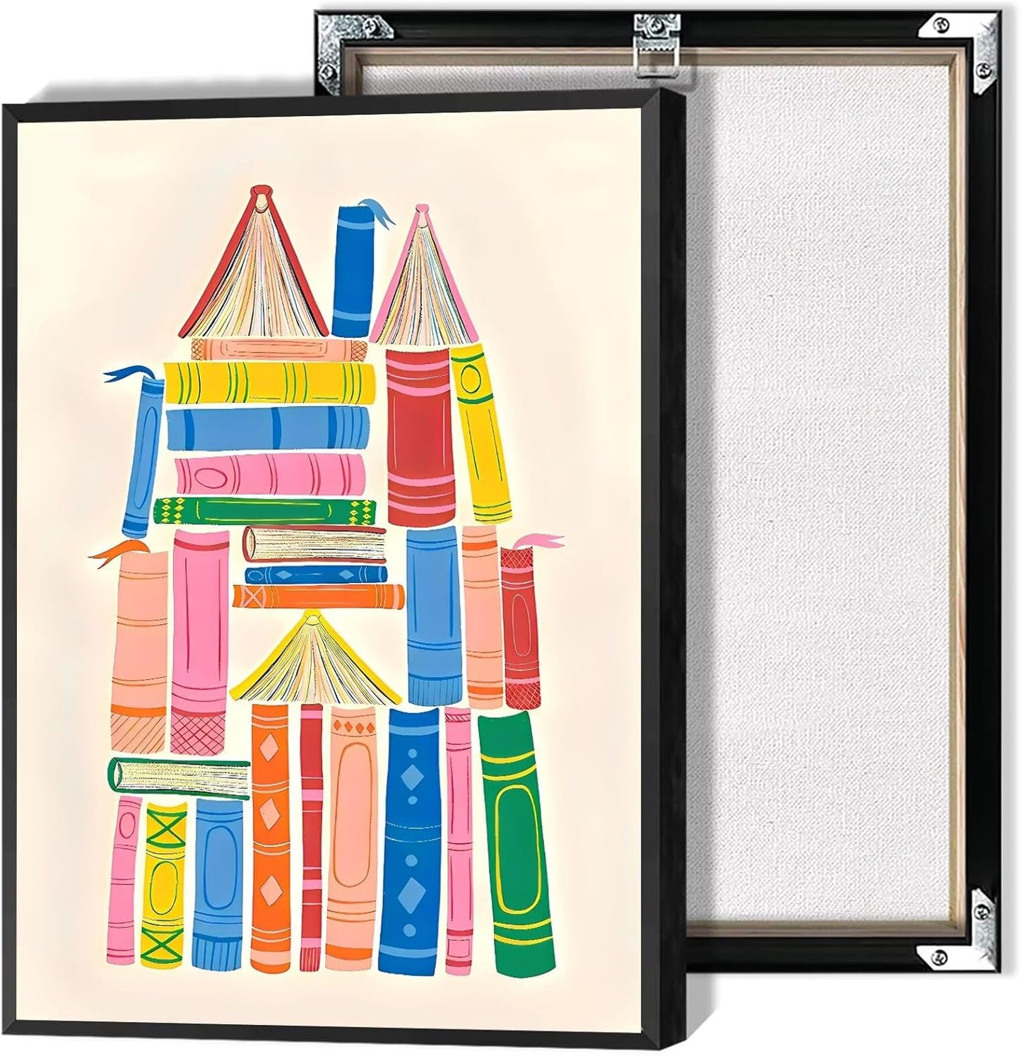 Colorful Books Castle Wall Art Modern Cozy Nursery Reading Canvas Prints Vintage Playful Poster Painting Whimsical Literary Aesthetic Picture Decor for Living Room Bedroom 12x16inch Unframed