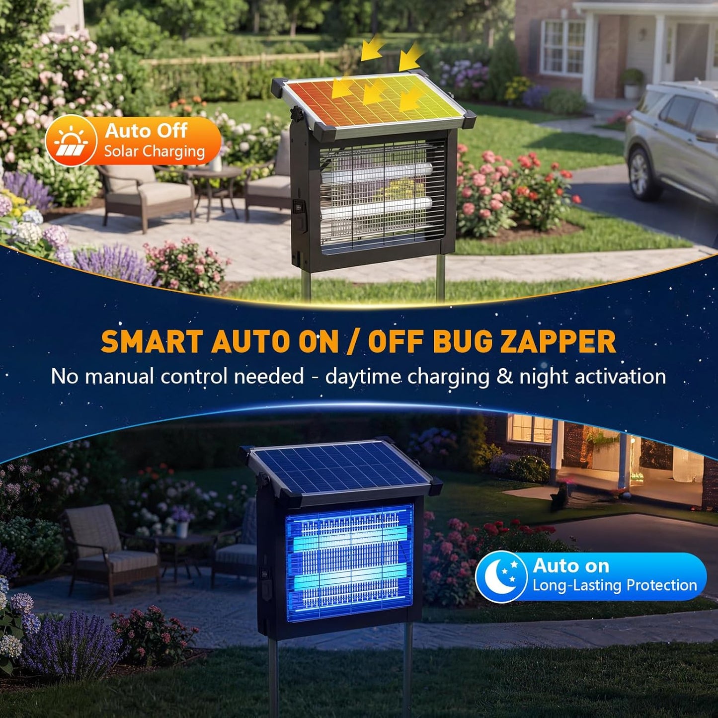 Solar Bug Zapper Outdoor, 4500V Solar Mosquito Zapper for Outdoor & Indoor, 1/2 Acre Coverage Cordless Rechargeable Electric Fly Zapper, IP66 Waterproof Mosquito Traps for Backyard, Patio, Camping