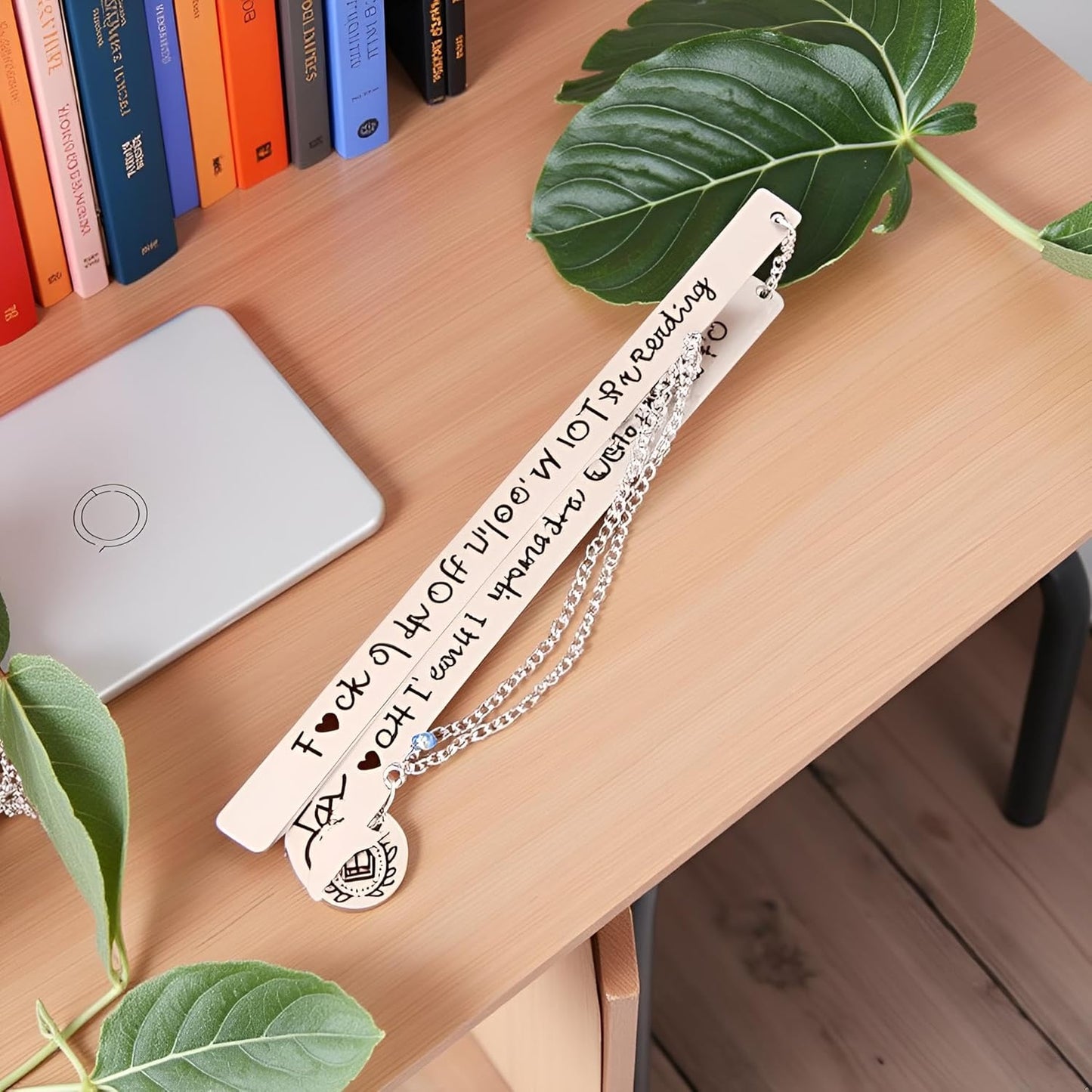 Silver Stainless Steel Leaf Pendant Book Mark,Funny Inspirational Bookmark for Book Lovers Reader Gifts,2024 New Metal Bookmark Gift,Engraved Off I am Reading,Book Covers and Book Accessories