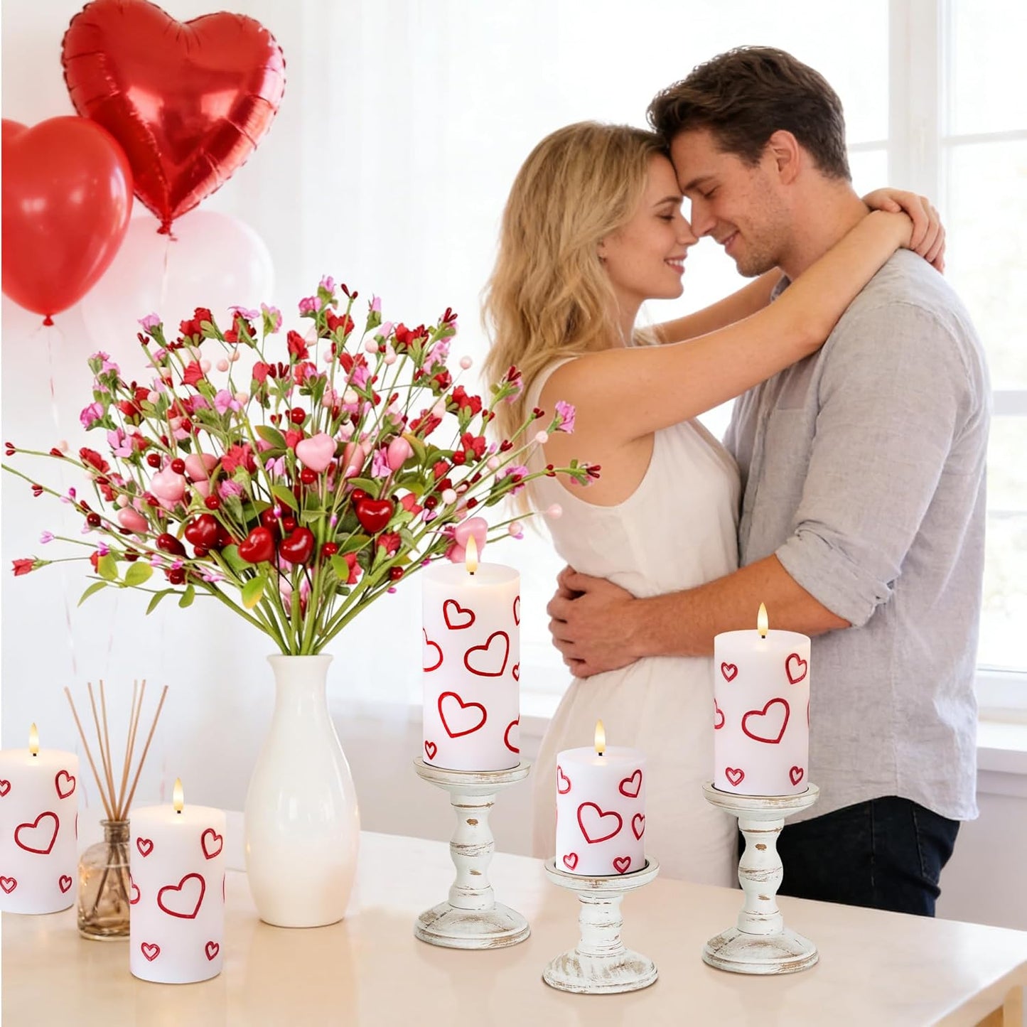 Valentines Day Heart Candles, Real Wax Flameless Pillar Candles with Remote, Real Wax Flickering LED Pillar Candles Valentine's Day Candles Gifts for Her Him Wife Mom Home Party Decor, 3 Pack