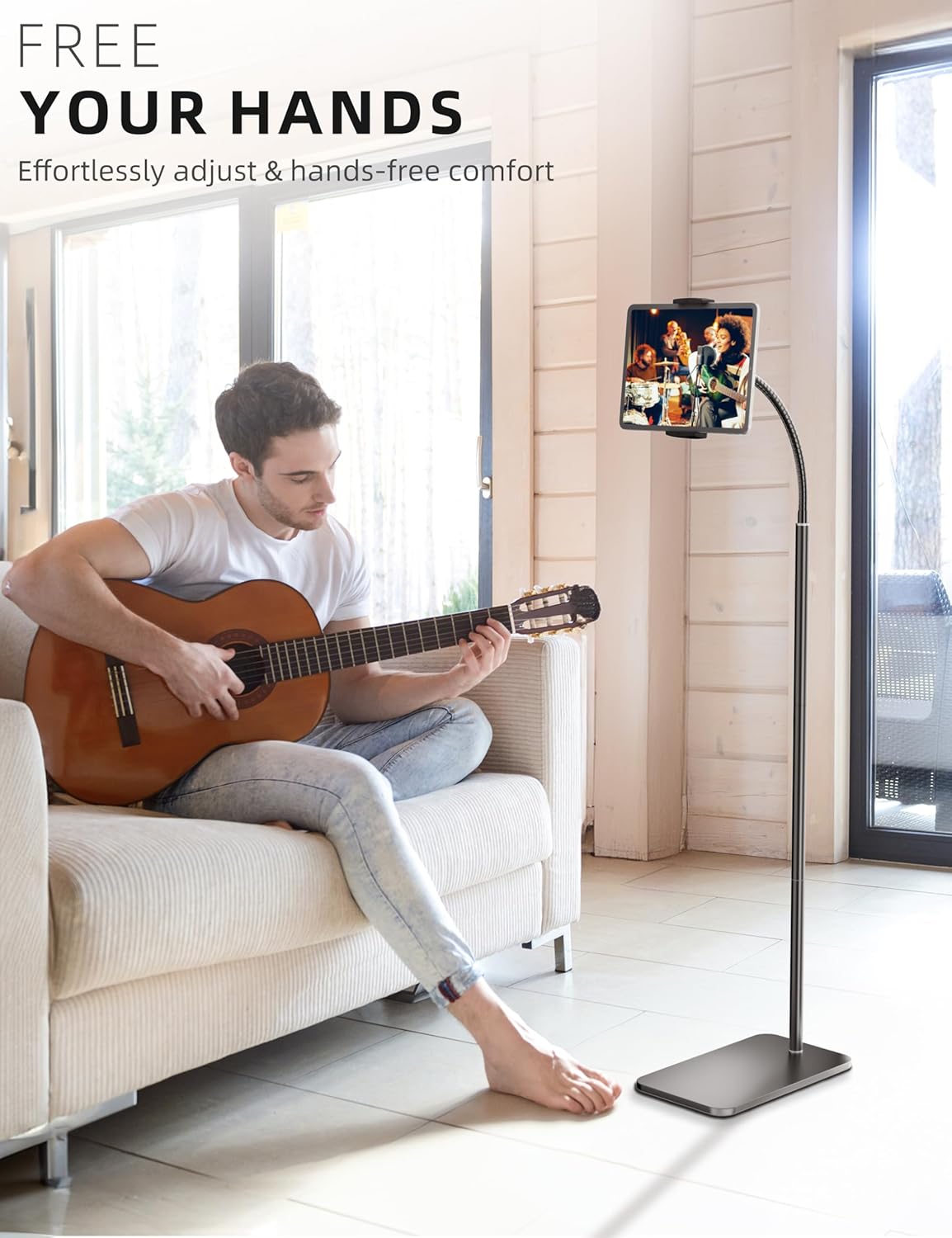 iPad Stand, Adjustable Tablet Floor Stand Metal Tablet Holder with Flexible Gooseneck, Compatible with iPad, Kindle, and Cell Phones (4.7''-13''), Ideal for Hands-Free Use