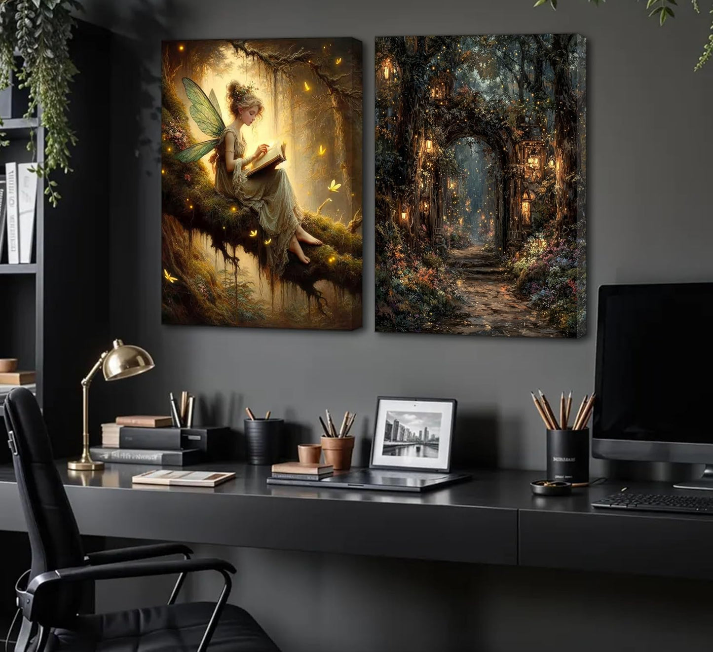 2Pcs Vintage Forest Fairy Canvas Wall Art Sitting On Branch Reading A Book Enchanted Fairy Portal Forest Pictures Wall Decor Posters Prints Girly Aesthetic for College Apartment Bedroom