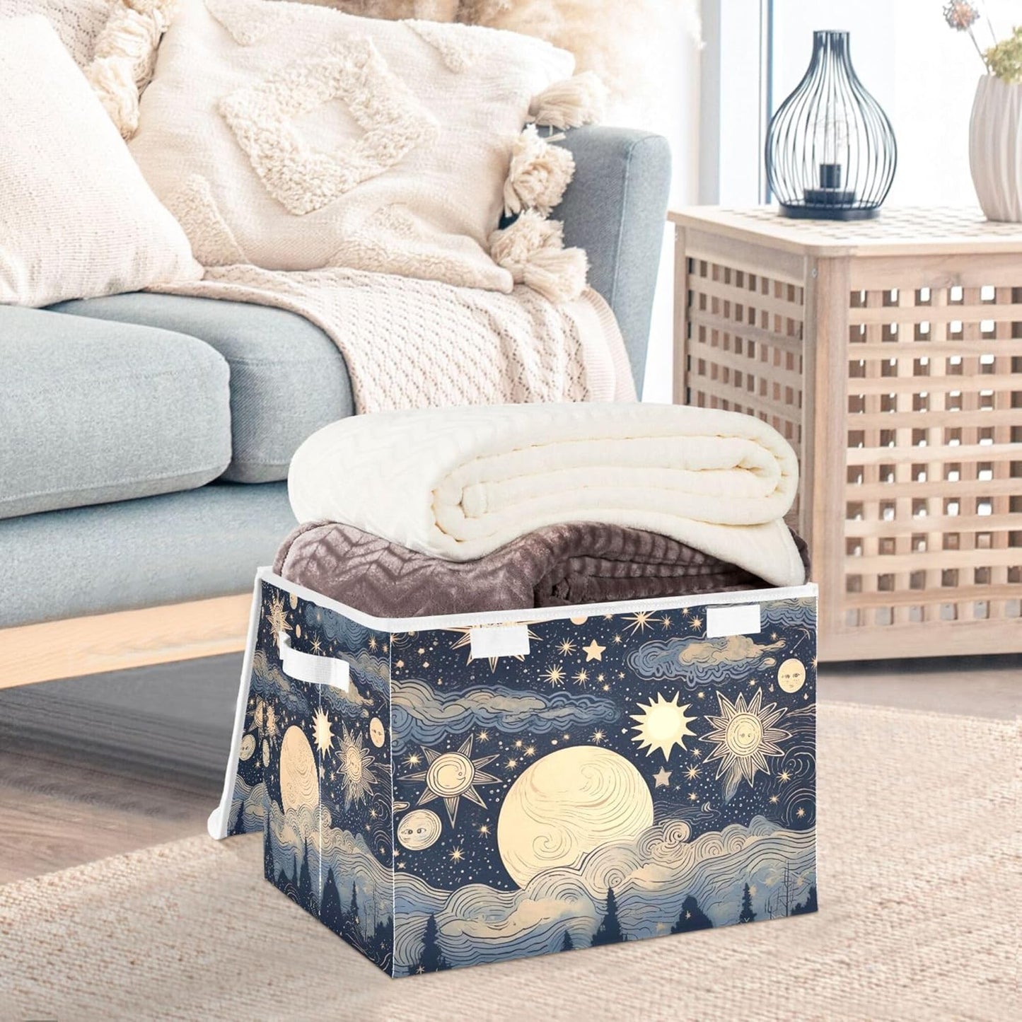 xigua Stars and Moon Storage Bins with Lids and Carrying Handle,Foldable Storage Boxes Organizer Containers Baskets Cube with Cover for Home Bedroom Closet Office