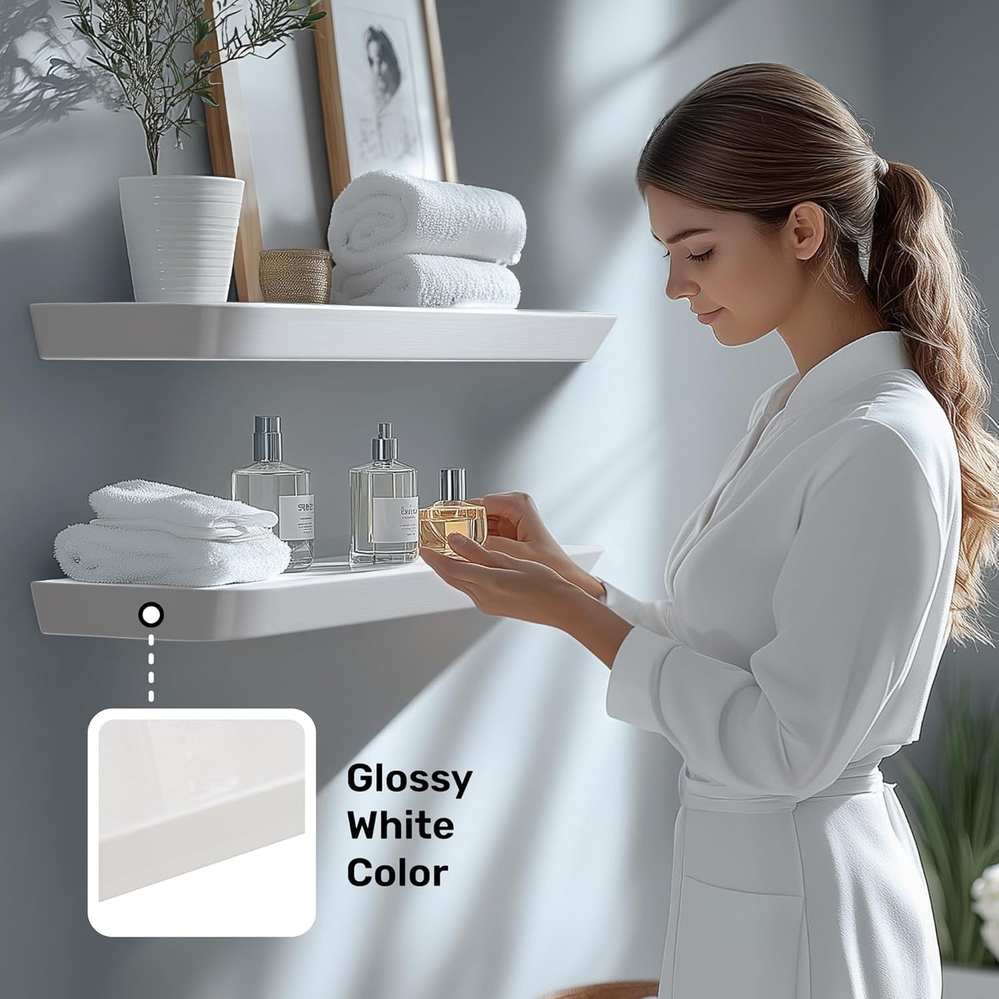 Wood White Floating Shelves for Wall 16 Inch (Set of 2) - White Bathroom Shelves - Small Wall Mounted Shelf for Bedroom Kitchen Living Room - 8 inch Deep Heavy Duty Floating Wood Shelves