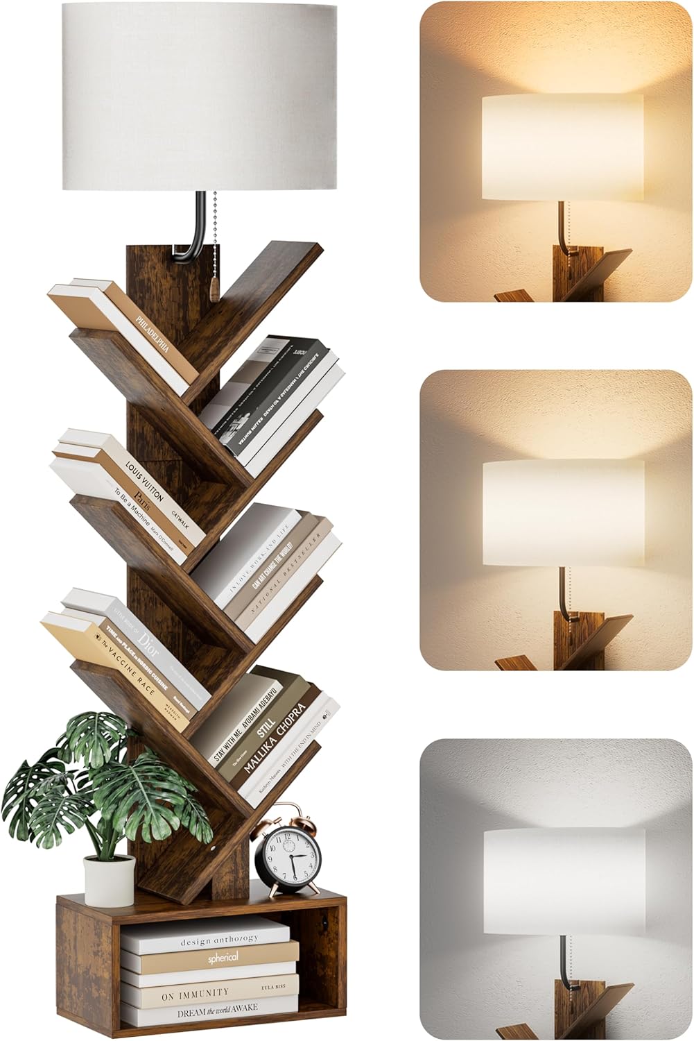 6 Tier Tree Bookshelf with Light, Corner Tall Narrow Bookshelf, Small Bookcase with Storage Cabinet,Floor Standing Bookshelves Organizer for Bedroom/Living Room/Home Office, Rustic Brown