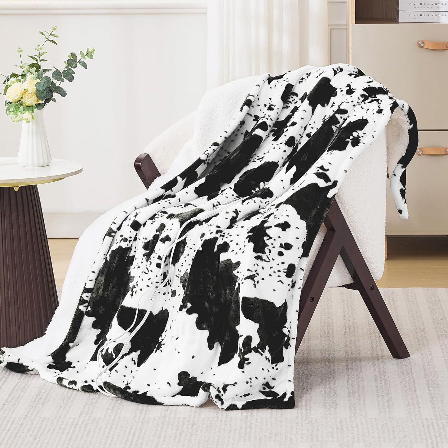 Black Cow Print Heated Throw Blanket 50"x60", Electric Blanket with 6 Heat Settings & 1-12H Timer, Cozy Soft Flannel Sherpa, Machine Washable, Warm Gift for Women