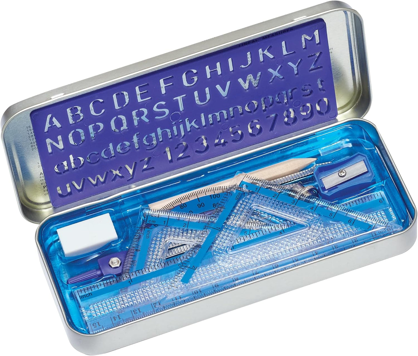 STAEDTLER 10-Piece Math Set with Metal Compass, 6" Ruler & Triangle Squares, 45° & 30/60° Set Squares, Alphabet Stencil - Measuring Tools