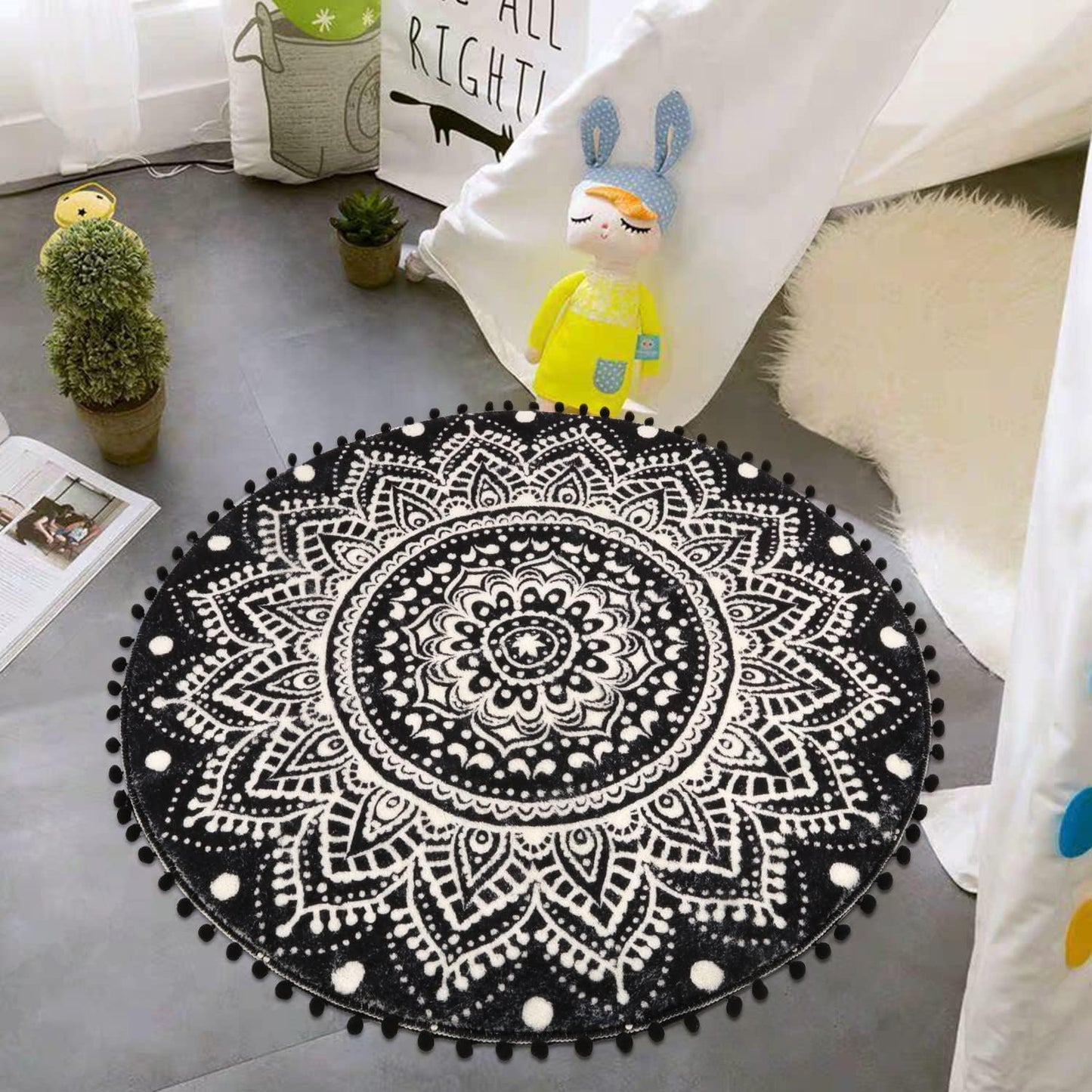 Uphome Boho Round Rug for Bedroom 3' Circle Mandala Black Bathroom Rug with Pom Poms Fringe Washable Circular Accent Throw Rugs Non-Slip Soft Floor Mat for Entryway Living Room Sofa Kids Room Nursery