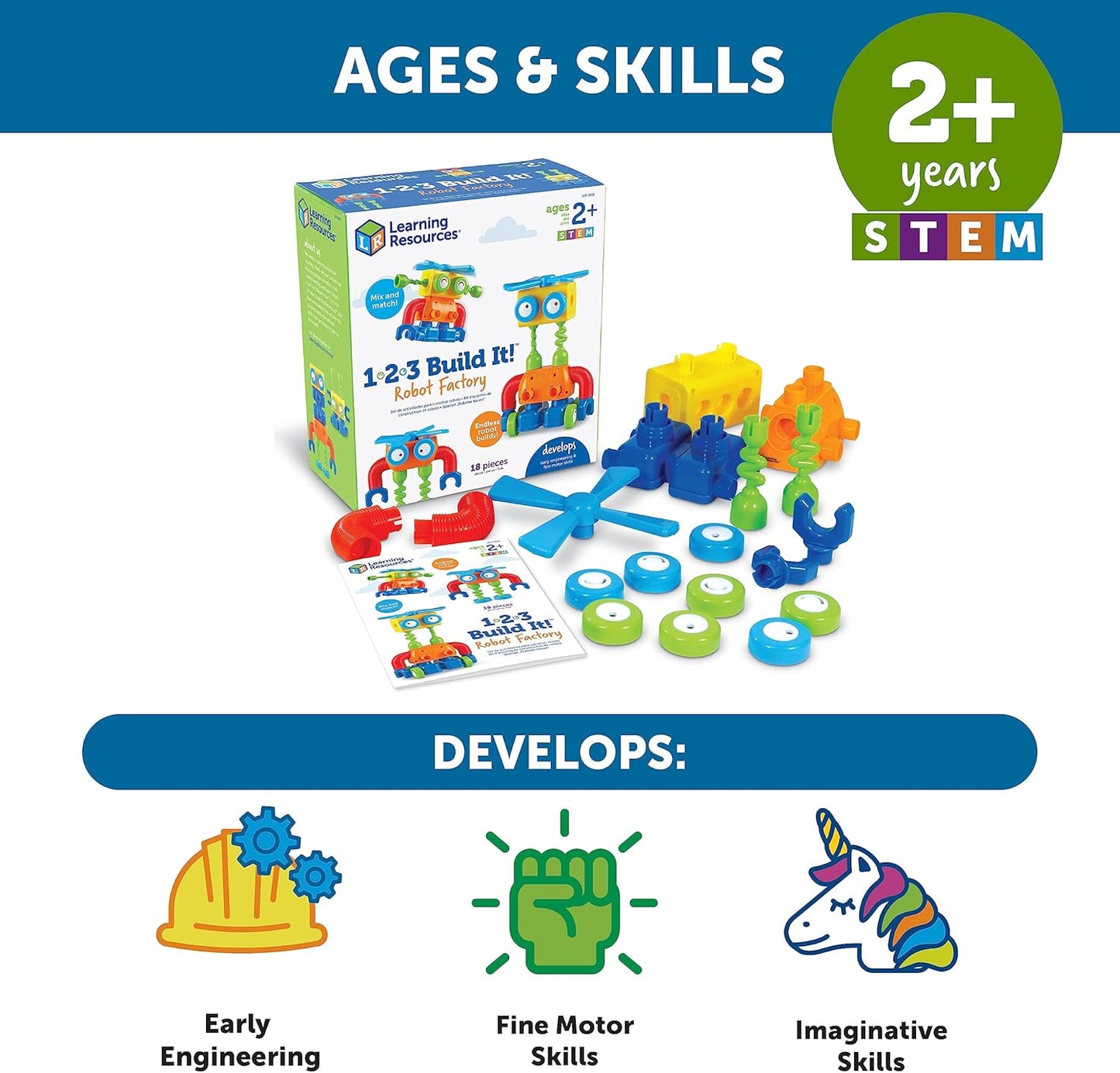 Learning Resources 1-2-3 Build It! Robot Factory - Building Toys, Early Engineering and Science, STEM Activities, Fine Motor Skills, Toddler Explorer Kit, Construction Bots, Boys and Girls Gifts