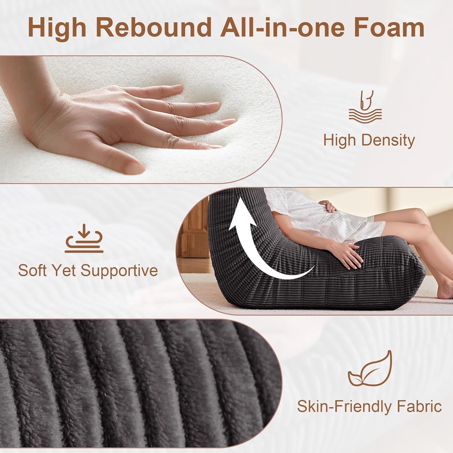 Bean Bag Chair for Adults - Large Bean Bag Chairs with Lumbar Pillow, Oversized Corduroy Memory Foam Boneless Chair with High-Rebound, Lazy Floor Sofa for Reading Gaming Living Room Bedroom, Grey