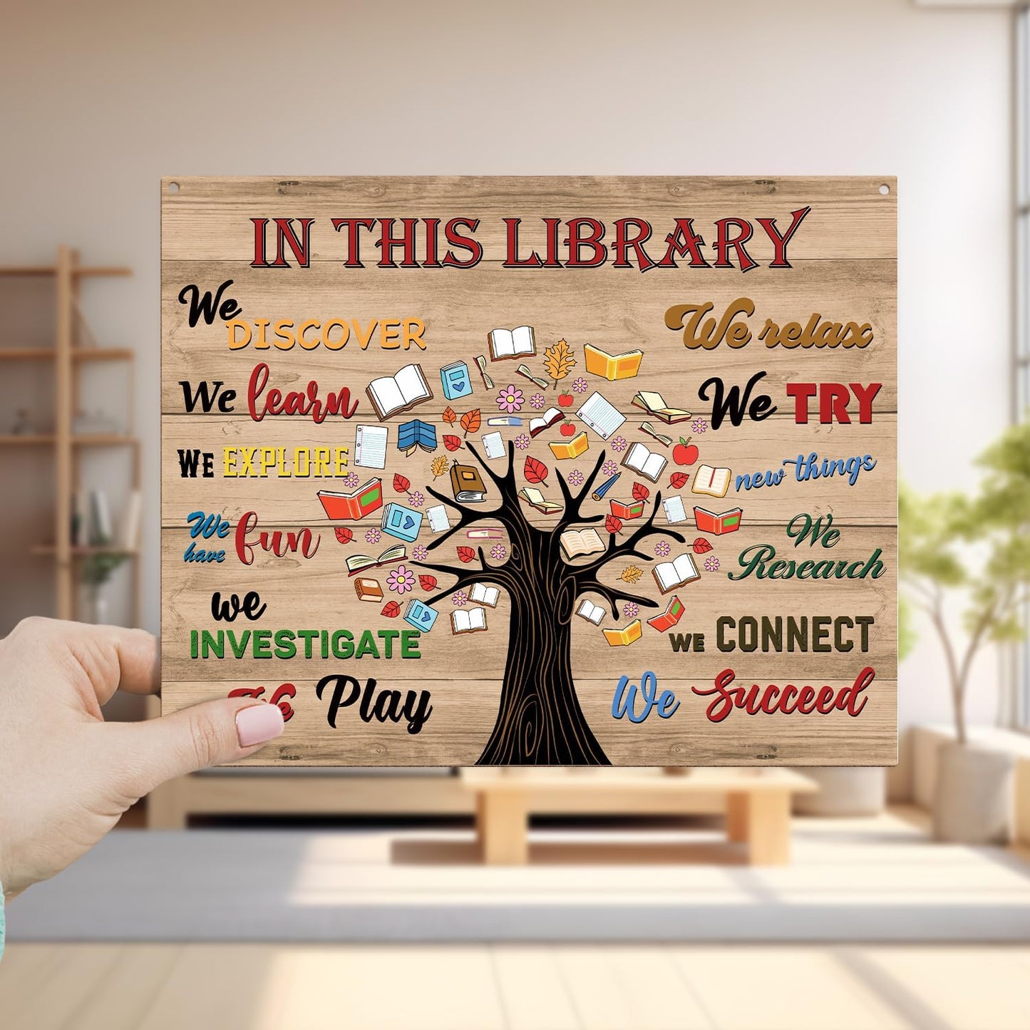 In This Library Wood Hanging Sign, Welcome Reading Room Art Wood Sign Plaque with Rope, Wall Wooden Plaque Hang Ornament, Study School Door Shelf Decor Supplies, Inspirational Christmas Gift -60