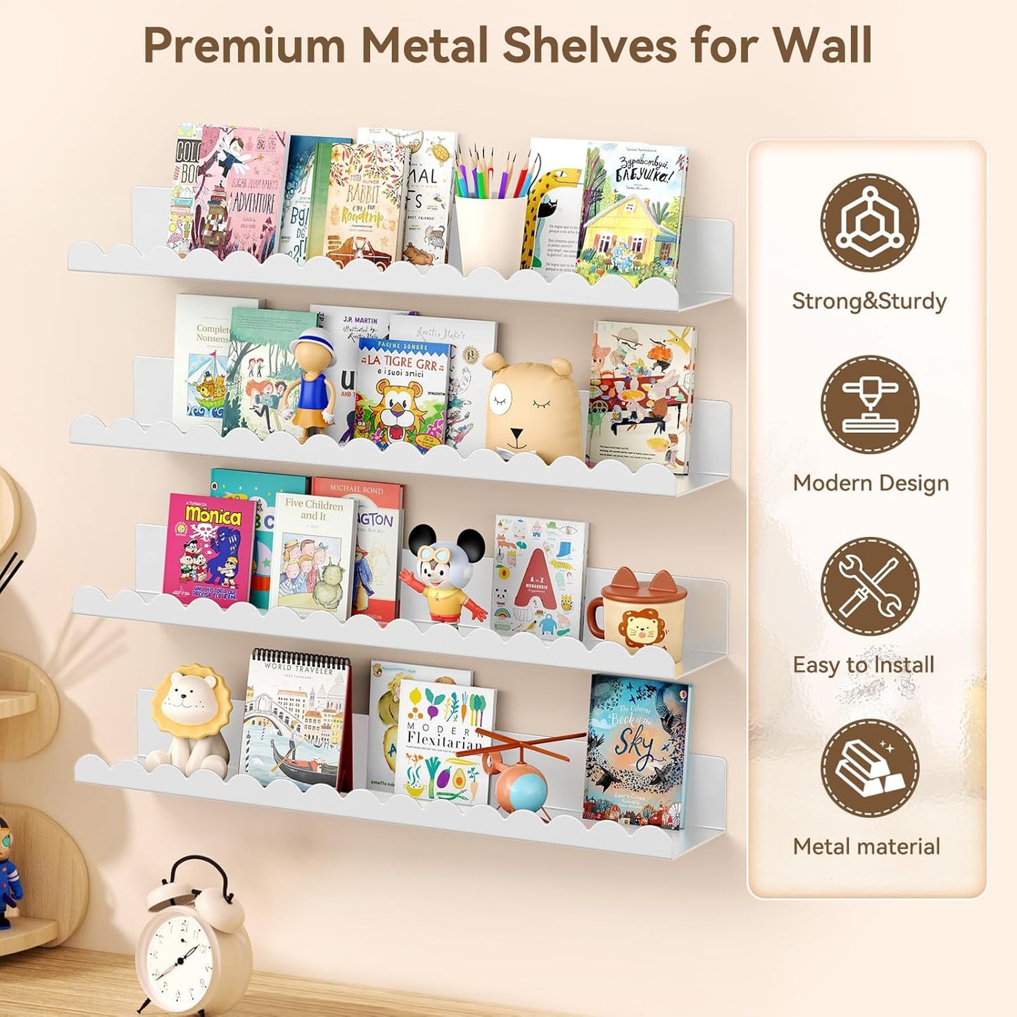 Floating Shelves for Wall, 23 Inch Metal Nursery Book Shelves 4 Pack, Wall Mounted Book Shelf for Kids Room, Bedroom, Bathroom, Playroom Decor （White）
