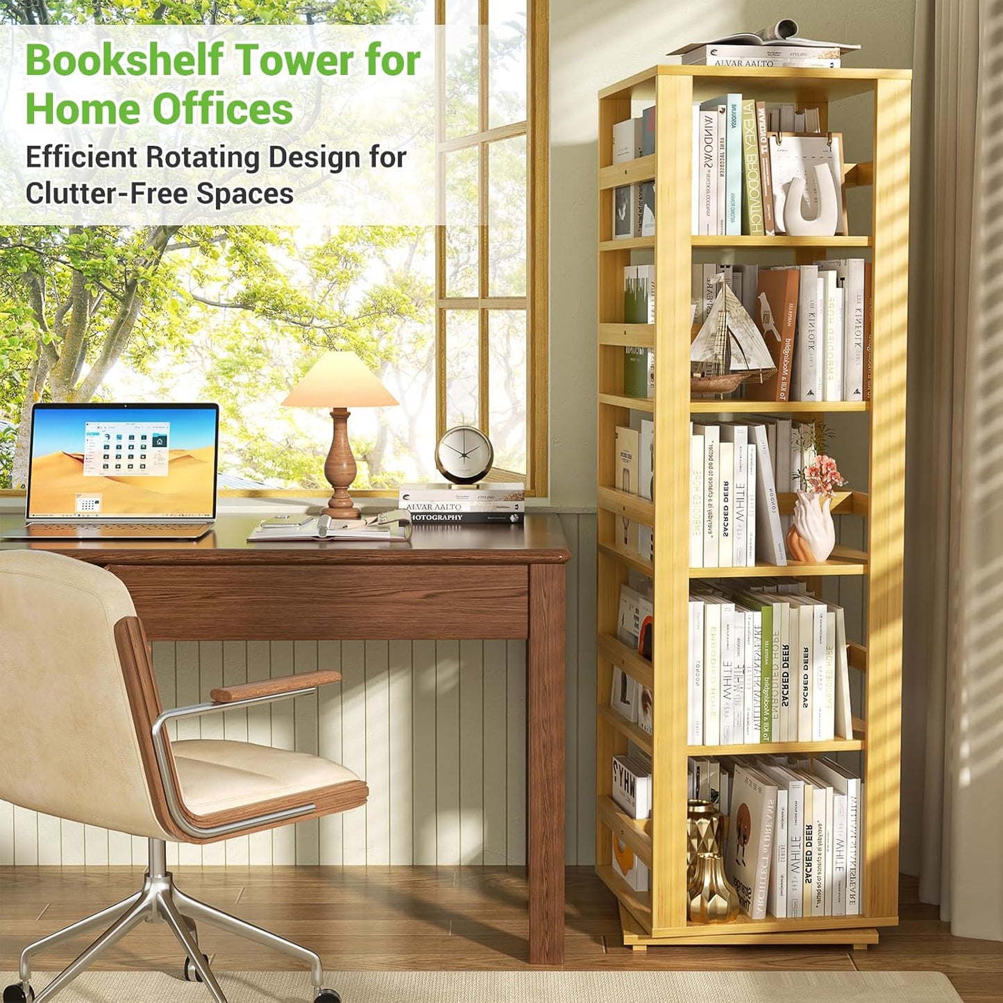 Homykic Rotating Bookshelf, Bamboo 360 Display Spinning Bookshelf Tower, 5-Tier Small Corner Bookcase for Small Spaces, Narrow Revolving Book Shelf Organizer Rack for Home Office, Natural