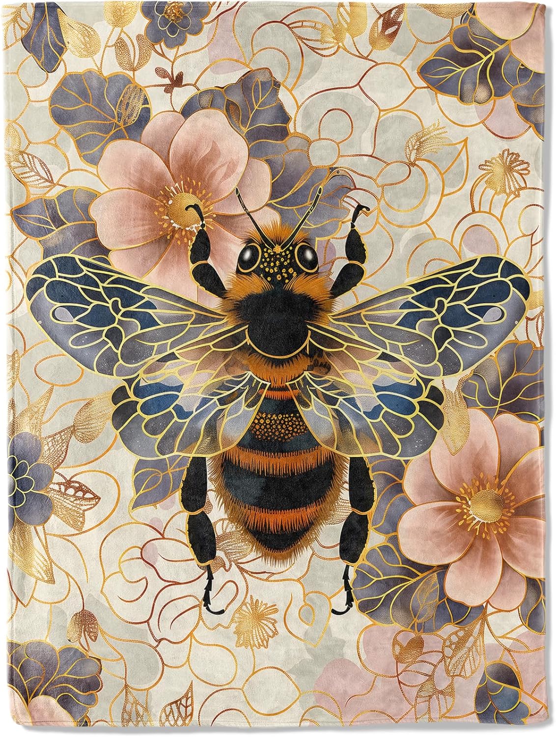 Bee and Floral Flannel Blanket - Cute Bird with Detailed Animal and Golden Flower Throw - Lightweight Soft Cozy Gifts Blankets for Kids Adult,Modern Artistic Decor,Home Room Accent 50x60in