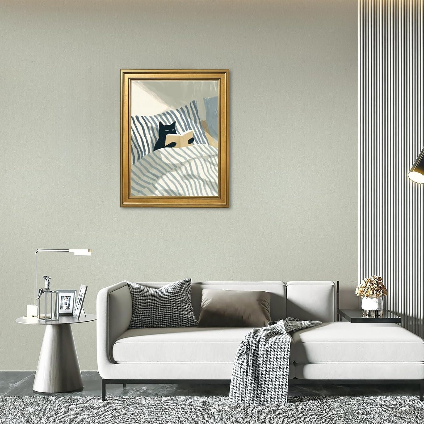 EQUEEN Black Cat Reading Poster Cozy Wall Art Bedroom Wall Decor Book Lover Canvas Print For Bedroom Library Office12x16inch Golden frame
