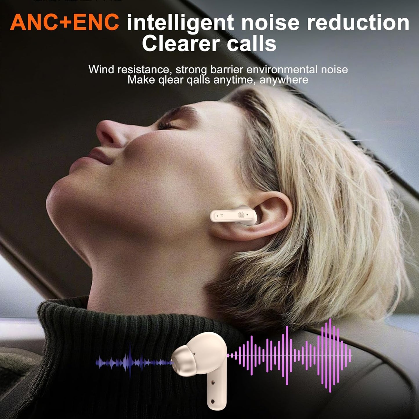 THREE PEACHES Wireless Earbuds Bluetooth 5.4 Headphones, Touch Screen, Active Noise Cancelling, USB Charging Case for iPhone/Android