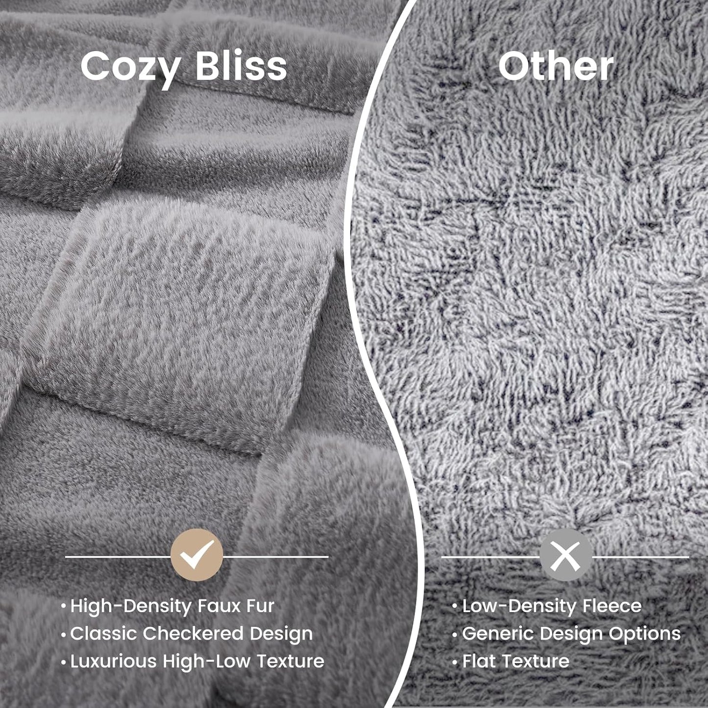 Cozy Bliss Checkered Faux Rabbit Fur Grey Throw Blanket, Soft Fuzzy Fluffy Minky Furry Blankets for Couch, Bed (50 * 60 Inches Light Grey)