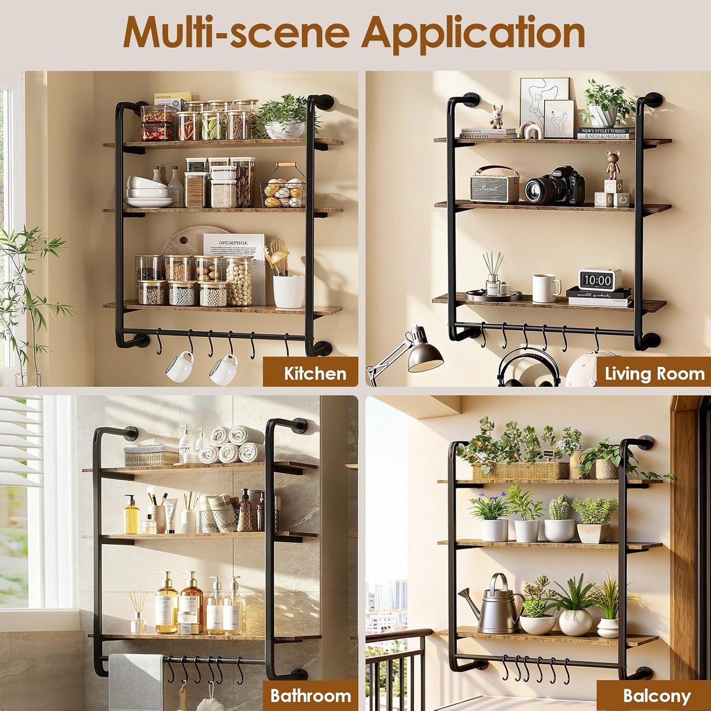 3 Tier Industrial Pipe Shelving, 24" Kitchen Shelves Wall Mounted with 6 Hooks, Coffee Bar Shelves Display Bookshelf Wall Shelf for Bedroom, Bathroom, Home Décor, Rustic Brown