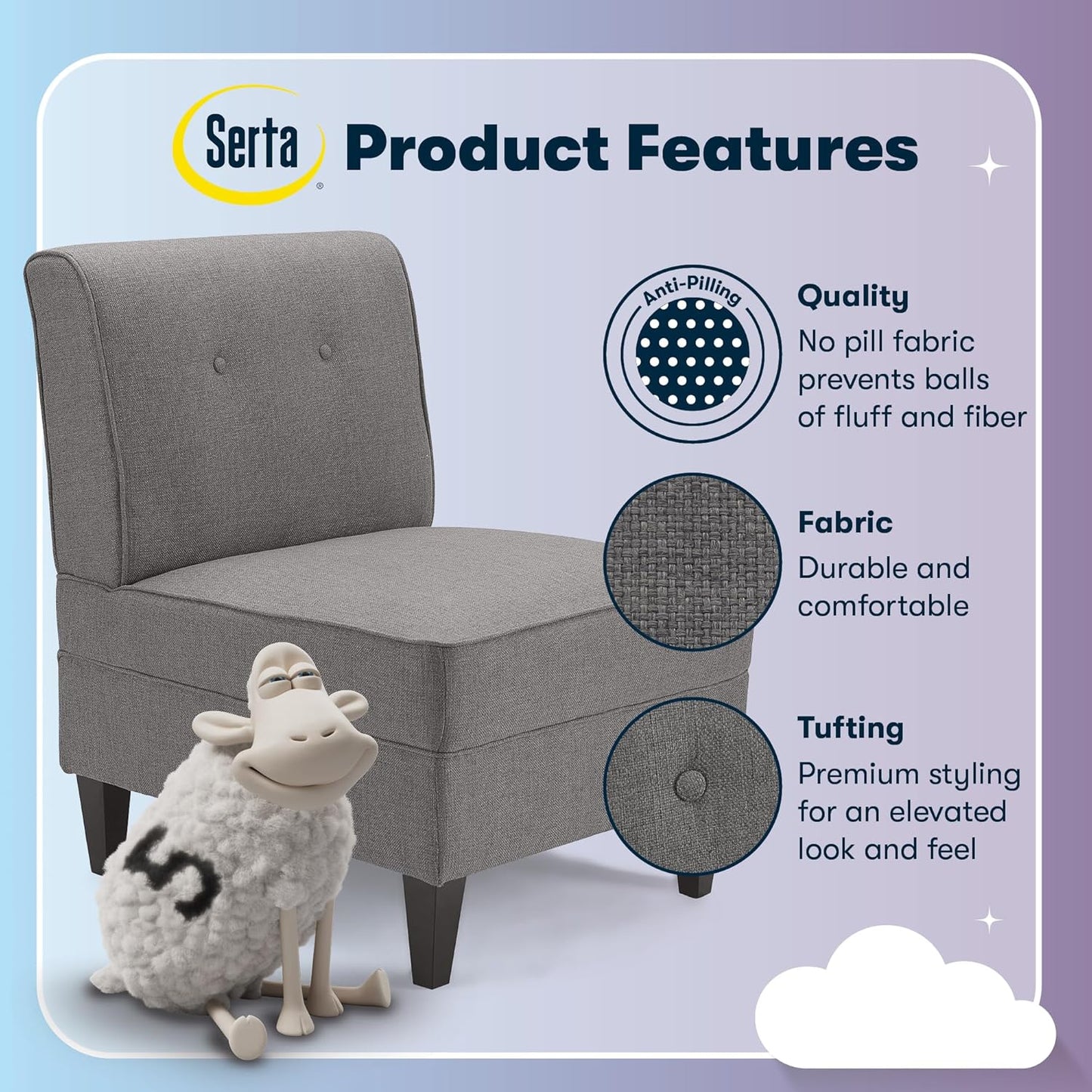Serta Copenhagen Modern Accent Chair, Button Tufted Backrest, Sinuous Spring Seat Cushion, Rubberwood Legs, Upholstery for Living Room, Bedroom and Small Spaces, Polyester Woven Fabric, Gray