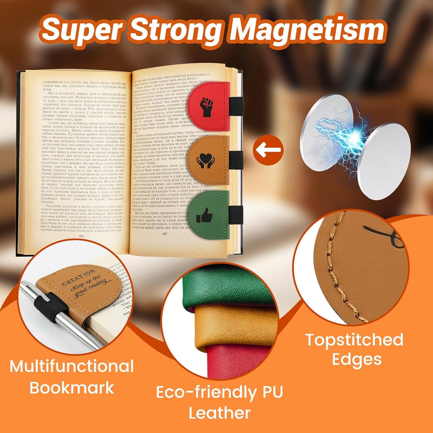 Magnetic Bookmark with Pen Holder for Reading, PU Leather Bookmark Clip for Books, Study Accessories for Students Teachers, Book Lover Gifts（3PC）