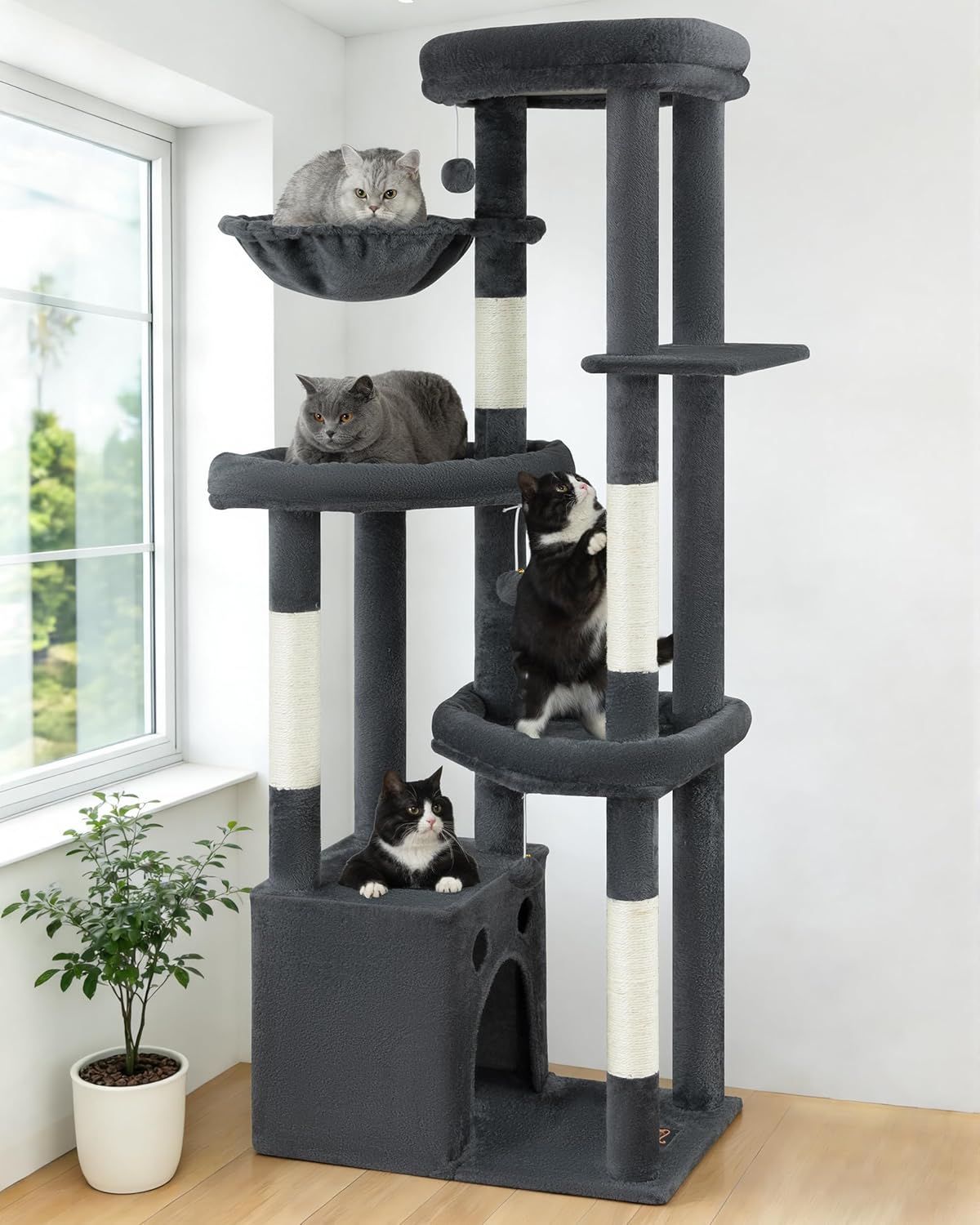 Multi-Level Cat Tree Tower for Indoor Cats, 67 inch Tall XL Heavy Duty Climbing Tower with 3 Large Platform, Scratching Post, Hammock, Kitty Condo for Multiple Cats, Extra Large Cat Trees, Dark Grey