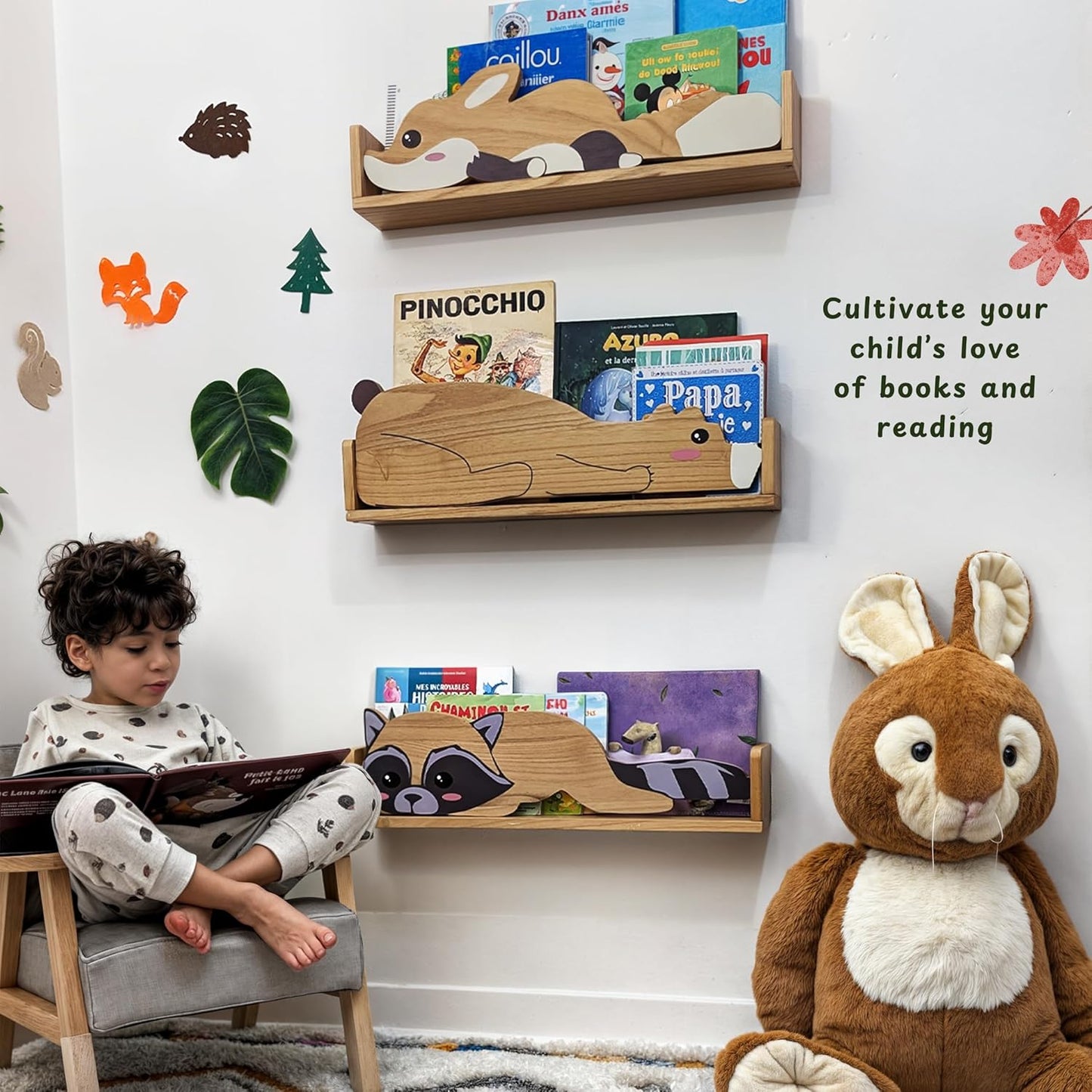 3 Floating Shelves, Wall Shelf for Kids Rooms, Woodland Nursery Bookshelves, Bear Fox and Raccoon 24inch