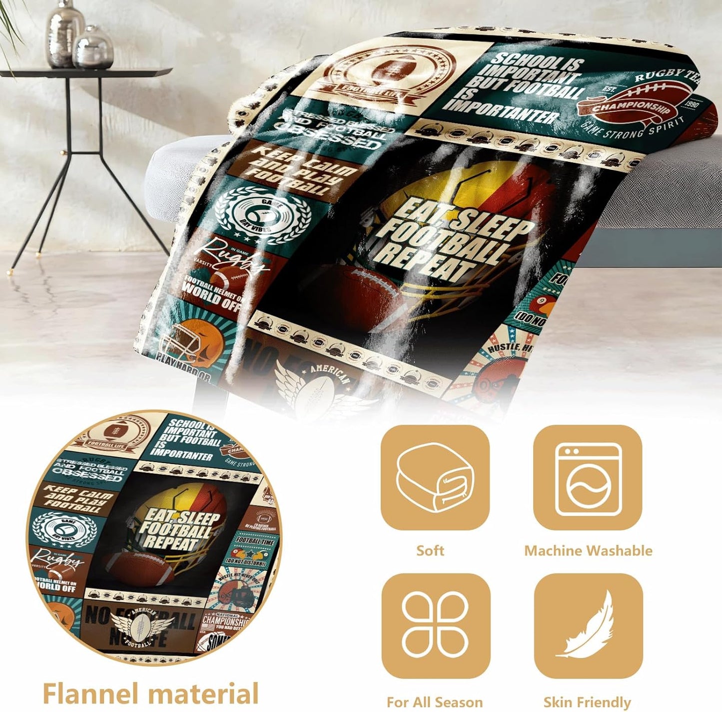 American Football Throw Blanket 50x60, Soft Flannel Fleece, Retro Helmet Collage, Game Day Stadium Couch Bed Sofa, Lightweight Warm, Machine Washable Sports Gift for Fans Adults Teens