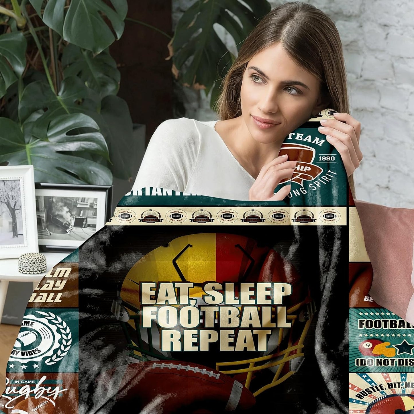 American Football Throw Blanket 50x60, Soft Flannel Fleece, Retro Helmet Collage, Game Day Stadium Couch Bed Sofa, Lightweight Warm, Machine Washable Sports Gift for Fans Adults Teens