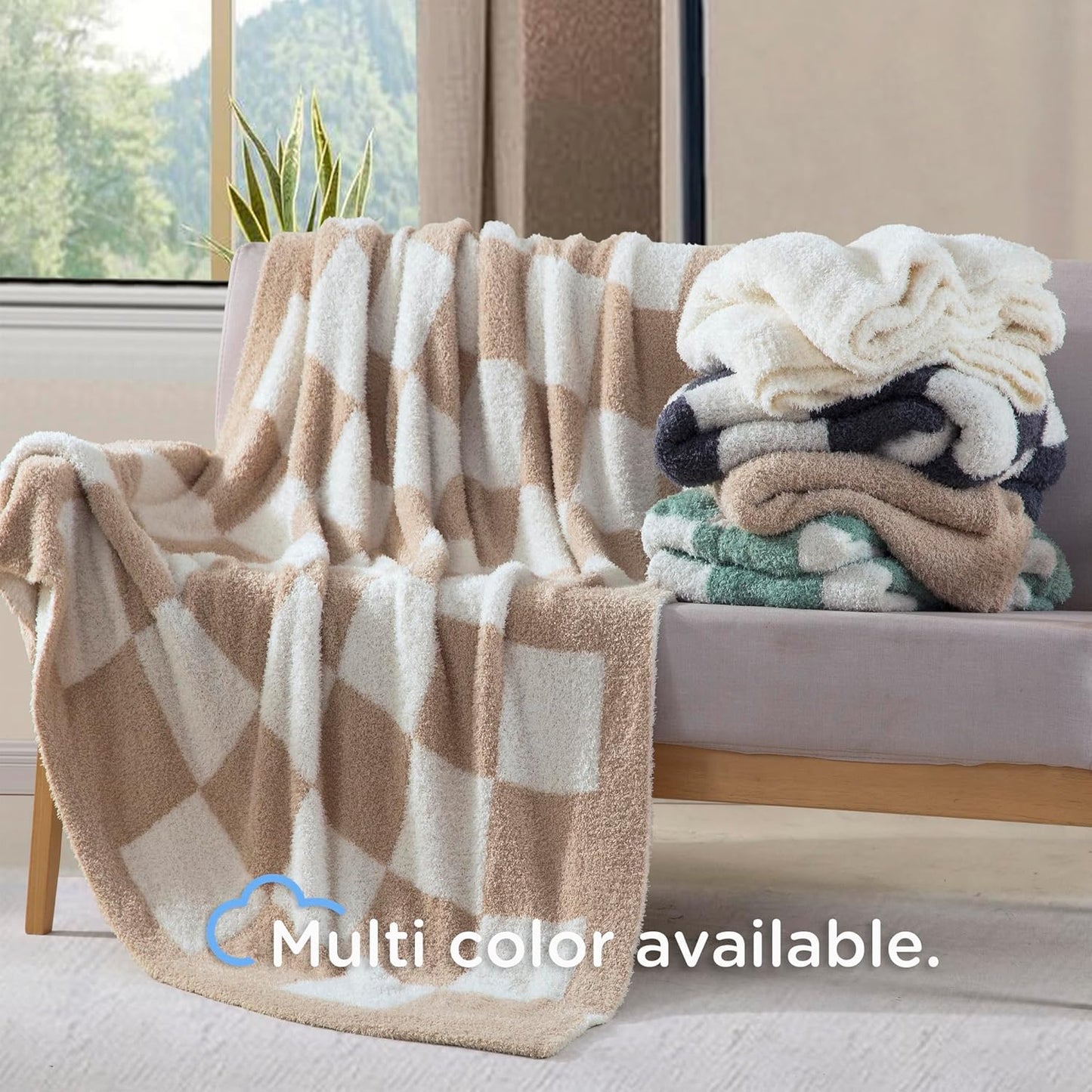 Checkered Fall Throw Blanket for Couch - Super Soft Knit Bed Blanket， Fluffy Fuzzy Plush Lightweight Cozy Blankets for Sofa ，Light Brown，50" x 60"
