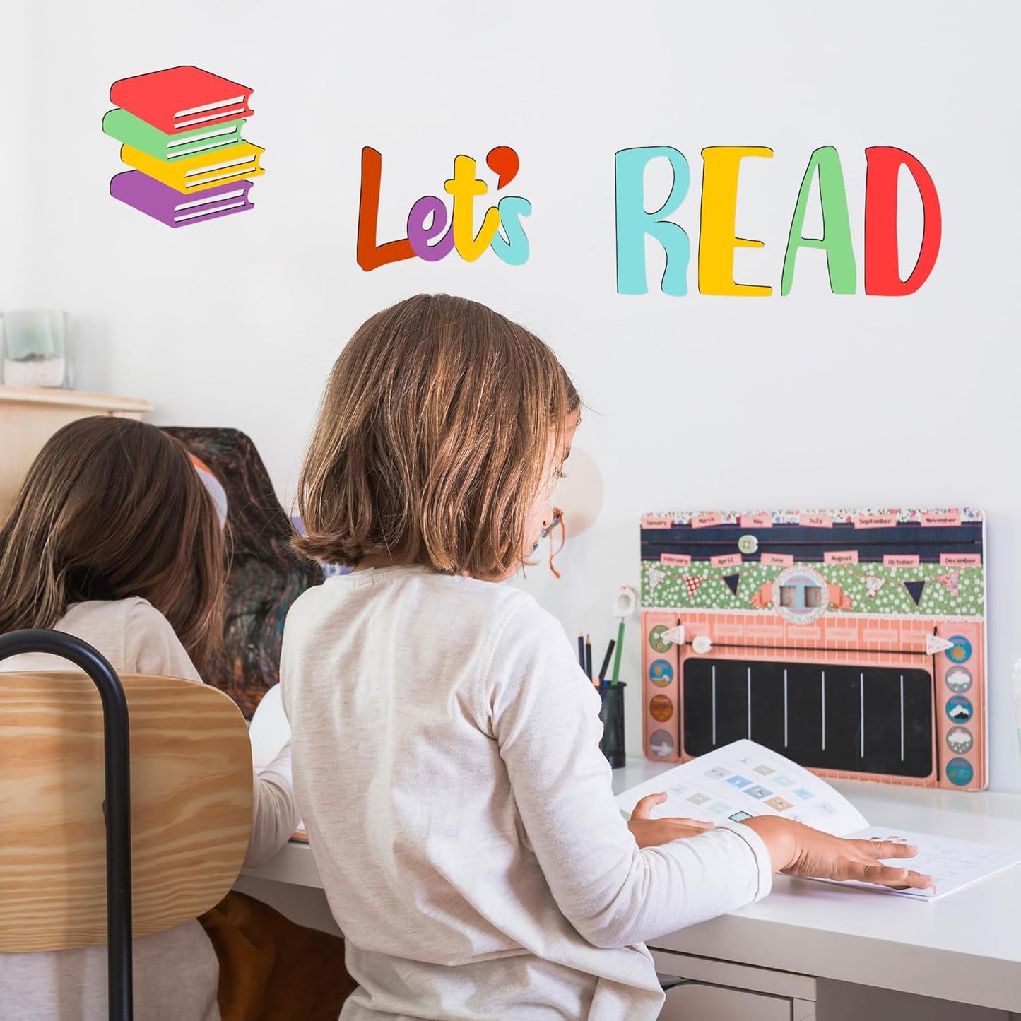 Let's Read Sign Wall Decals Colorful Reading Rooom Wall Decor Stickers Reading Nook Wood Sign Decals Decor Removable Motivational Walls Sicker for Kids Bedroom Playroom Nursery Library Classroom Decor