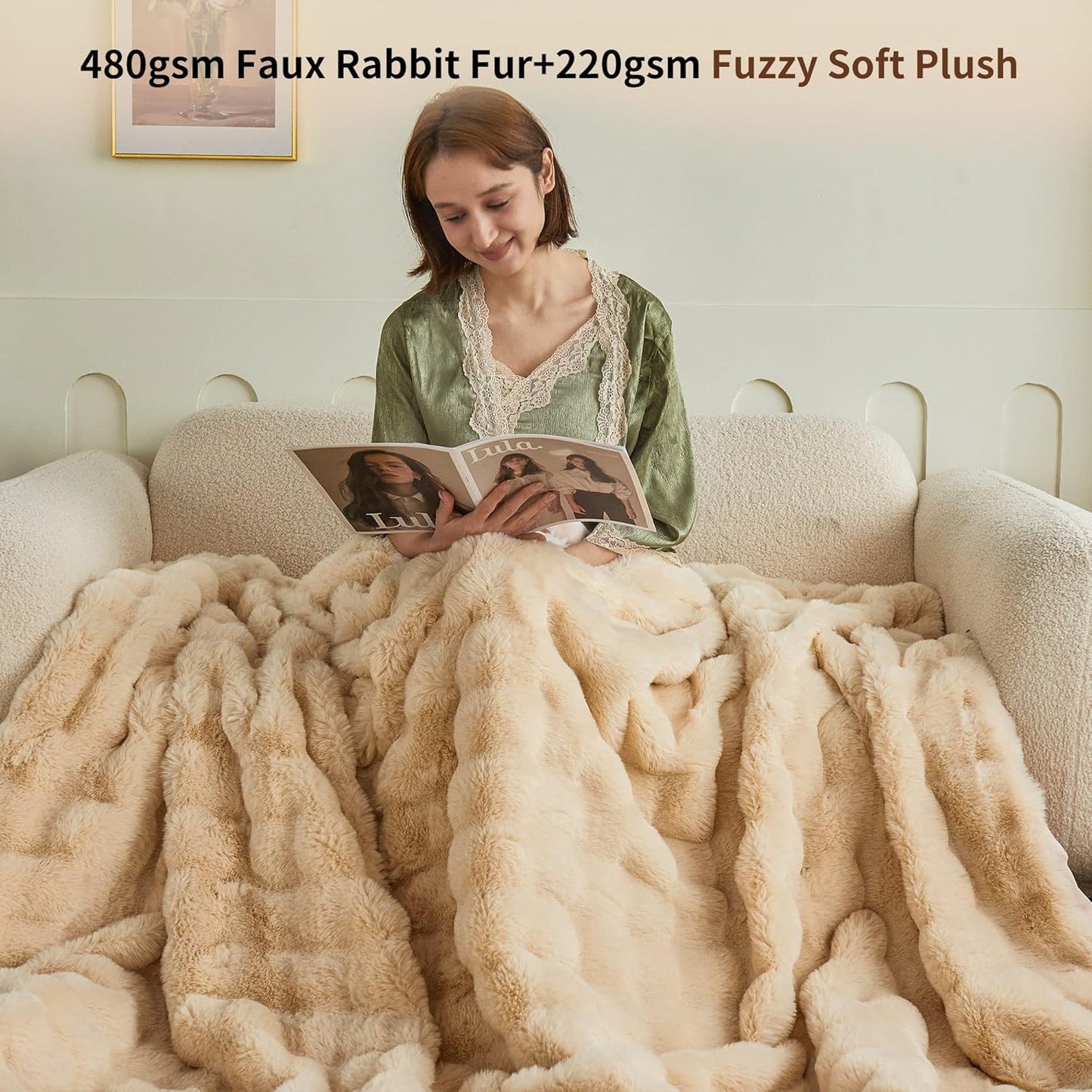 Thick Bubble Faux Fur Heated Blanket Electric Blanket 50"x60", Soft Faux Rabbit Fur with Remote Controller, Overheat Protection, 12 Time Settings, 5 Heating Level, Machine Washable (Beige)