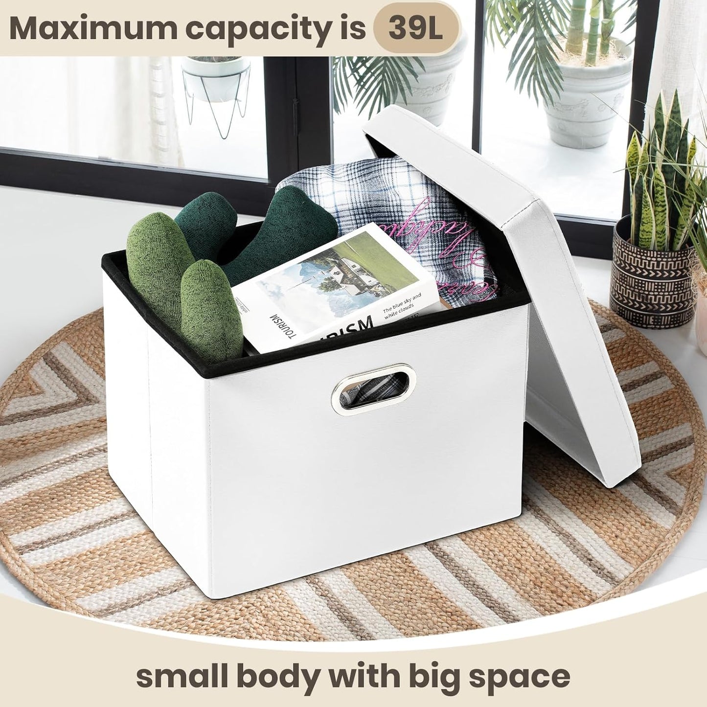COSYLAND Storage Ottoman 17x13x13in Leather Rectangle Foot Rest Folding Bench Seat Organizer Entryway Furniture with Handles Lid White