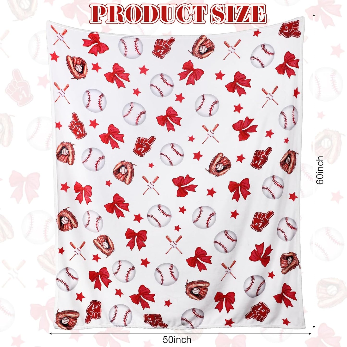 Red Bow Baseball Blanket for Teen Girls Cute Soft Flannel Throw Blanket Washable Aesthetic Fuzzy Fleece Throw for Couch Sofa Bed Decor, Valentine Galentines Day Gift 50 x 60inch
