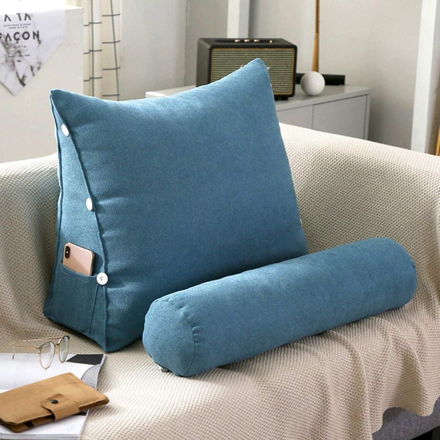 Bed Pillow for Sitting Up, Headboard Cushion Reading Pillows for Sofa Bed Office Chair, Rest Cushion Adjustable Wedge Cushion Pillow, Provides Lumbar Support ( Color : Blue-1 , Size : 50x60x22cm )