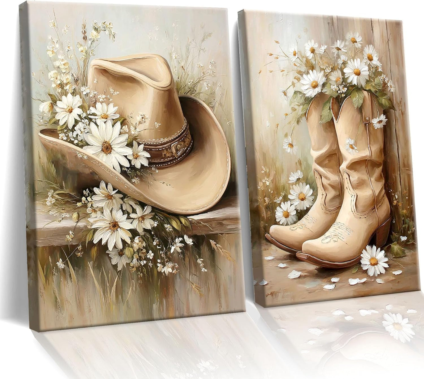 Frimeeme 2 Piece Set Framed Floral Cowgirl Footwear Canvas Wall Art,Cowboy Hat and Boots Canvas Prints,for Girls Bedroom Living Room Dorm 12x16 inch