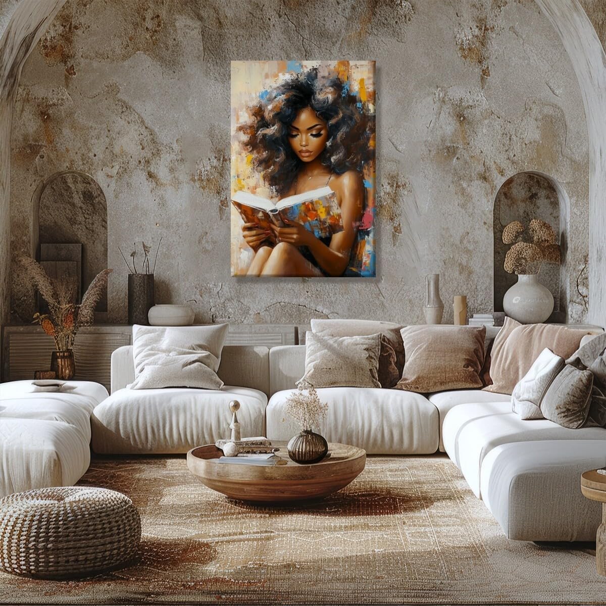 Mpgloquial African Black Woman Wall Art Beauty Lady Reading Book Canvas Oil Painting Posters Trendy Black Girl Poster Inspired Wall Decor Aesthetics for Apartment Dorm 8x12inch Unframed
