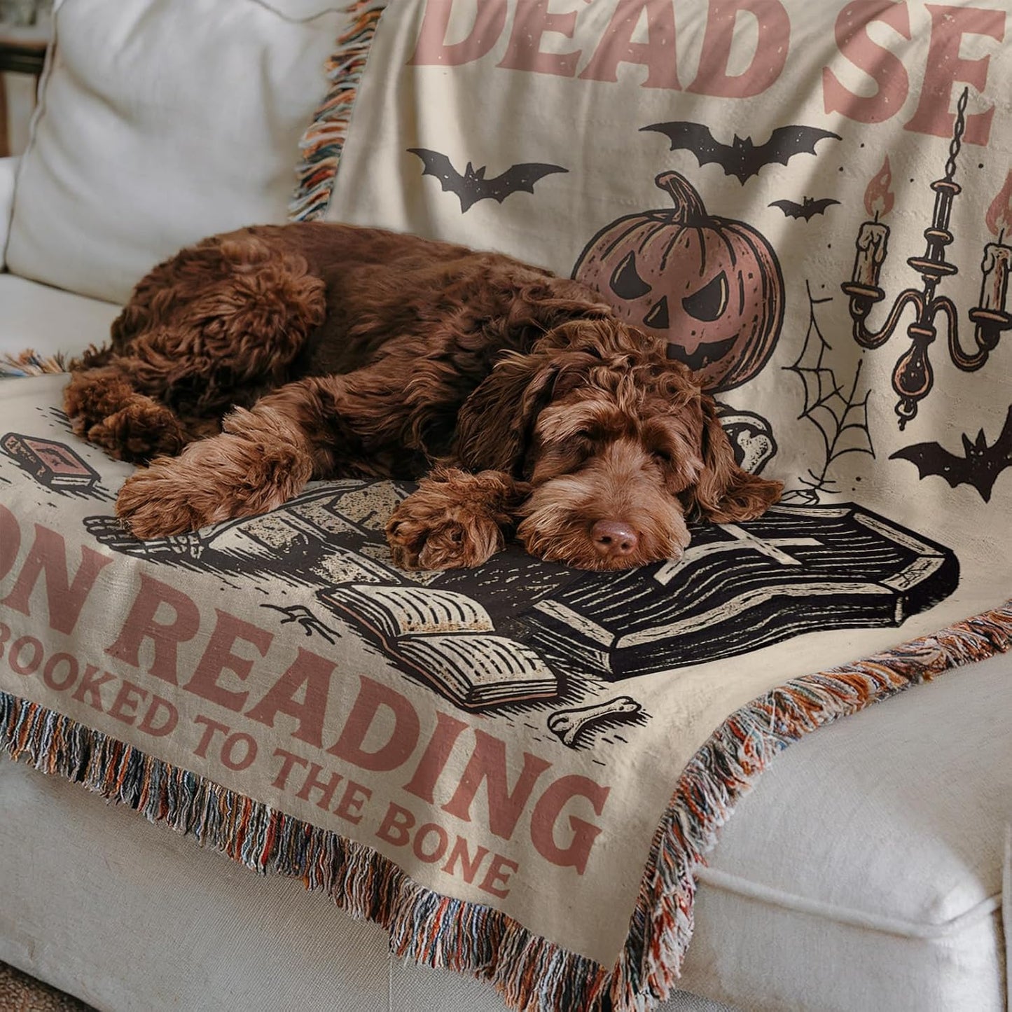 Dead Set on Reading Woven Blanket – Spooky Bookish Throw for Cozy Readers