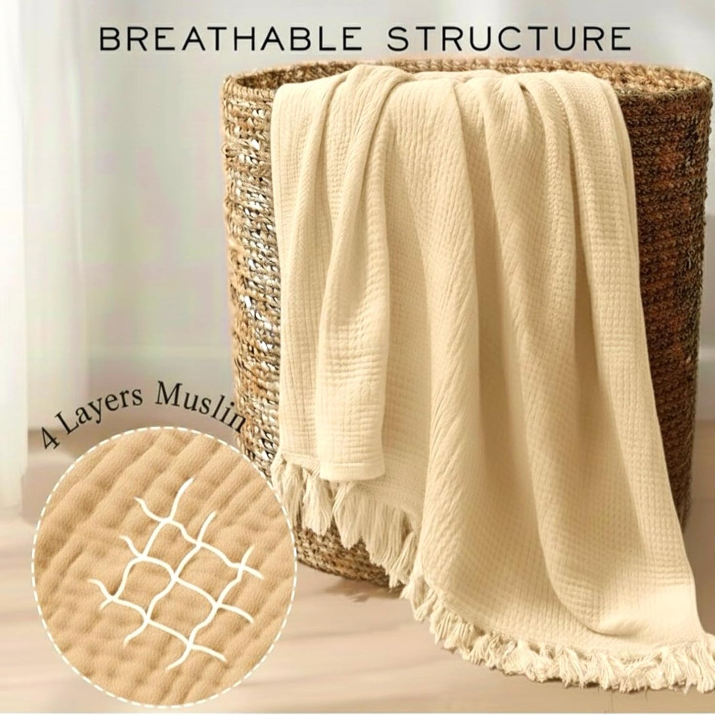 KyraHome Muslin Blankets for Adults Kids 60"x80",100% Organic Cotton Plant Dyed, Lightweight Breathable Gauze Cotton Throw Blanket for Couch, All Season (Shortbread/Creamy)