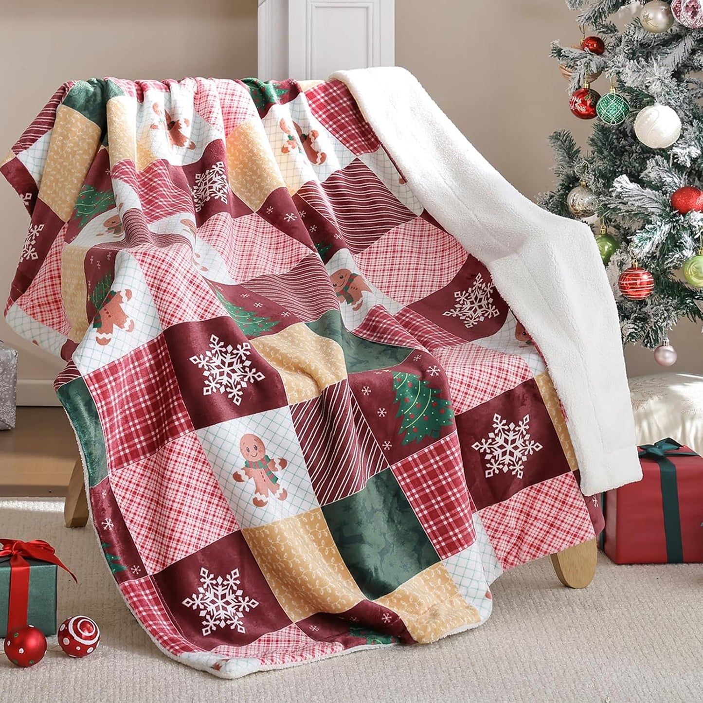 TRUEDAYS Christmas Throw Blanket 50x60 - Fluffy Sherpa Fleece Blanket for Couch & Bed, Cozy Soft Plaid Gingerbread Xmas Tree Blanket - Classic Checkered Snowflake Christmas Decor