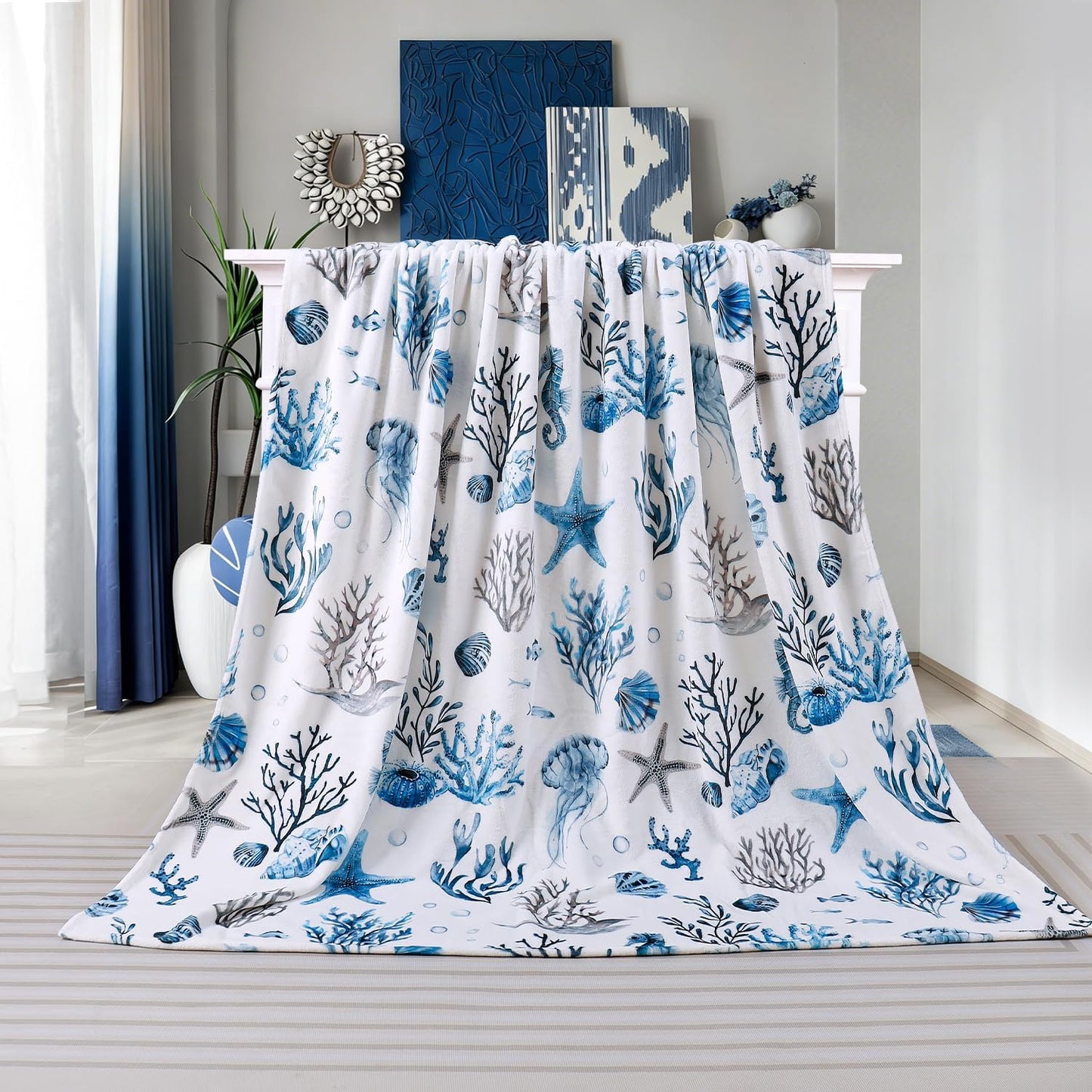 Nautical Coastal Throw Blanket Ocean Beach Throw Blanket Starfish Coral Jellyfish Shell Ocean Theme Warm Cozy Blankets Super Soft Plush Flannel Fleece Blankets for Couch Sofa 60"x80"