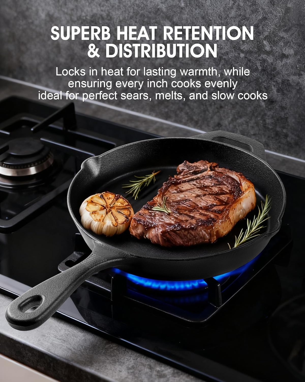 Cast Iron Skillets, 8 Inch Frying Pan with Teardrop Handle, Oven Safe, Durable Camping Cookware for Stove & Grill Use, Indoor/Outdoor
