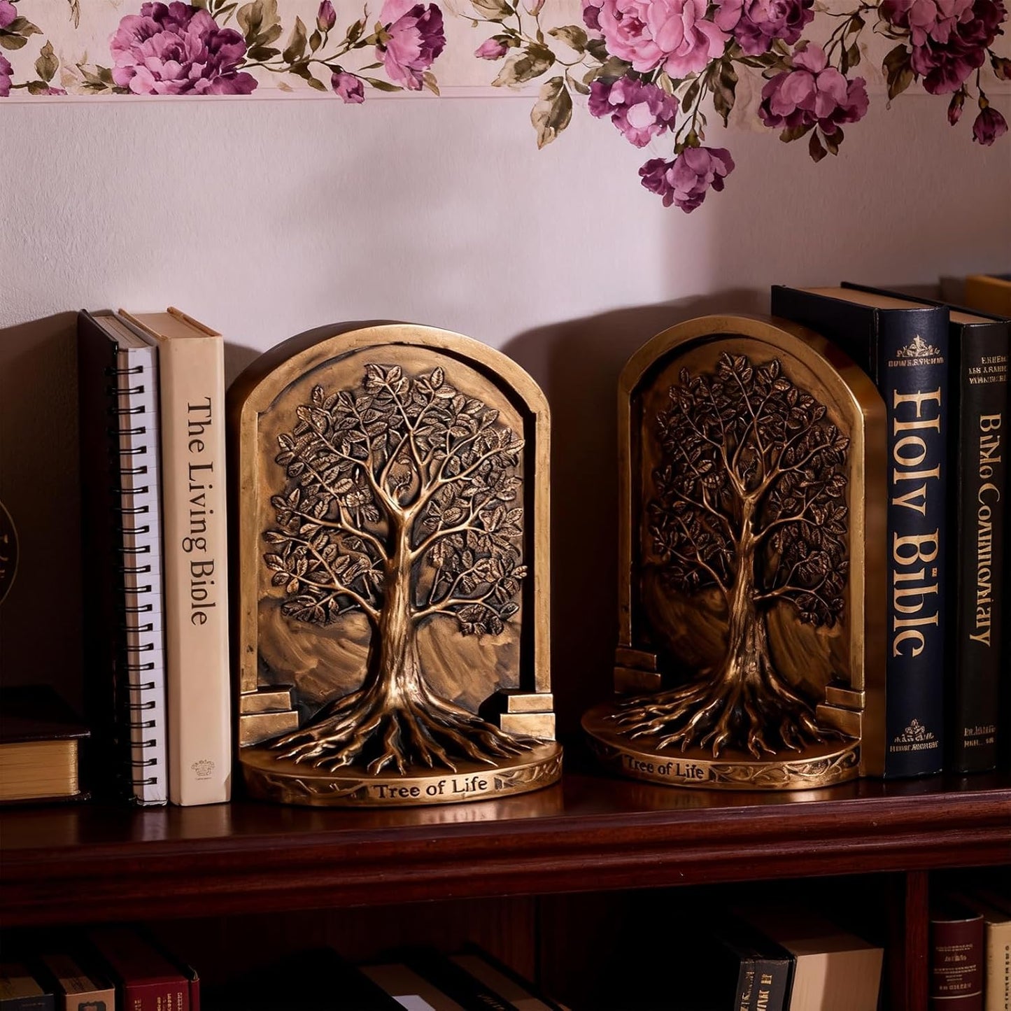 Tree of Life Resin Bookends - Set of 2 Heavy Duty Antique Bronze Book Holders with Non-Slip Bottom, Decorative Bookends for Shelves, Office, Home Library, Living Room and Study Room Decor