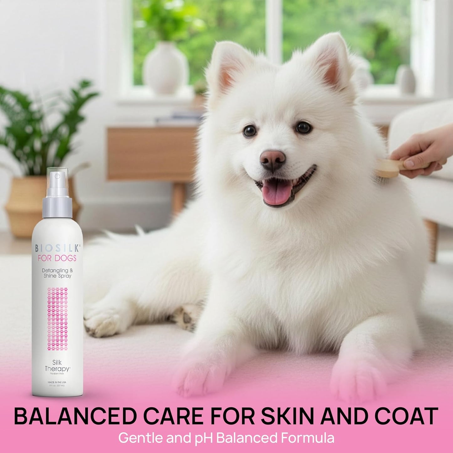 BioSilk for Dogs Detangling Spray with Shine Support, Lightweight Leave In Grooming Mist that Helps Smooth Coats, Detangle, and Add Shine Without Buildup, 8 Fl Oz