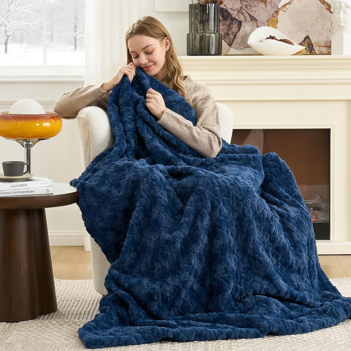 Cozy Bliss Faux Fur Throw Blanket for Couch, Fuzzy Soft Plush Thick Warm Fluffy Reversible Wave Textured Blanket for Sofa Bedroom Living Room, 55 * 70 Inches Navy Blue