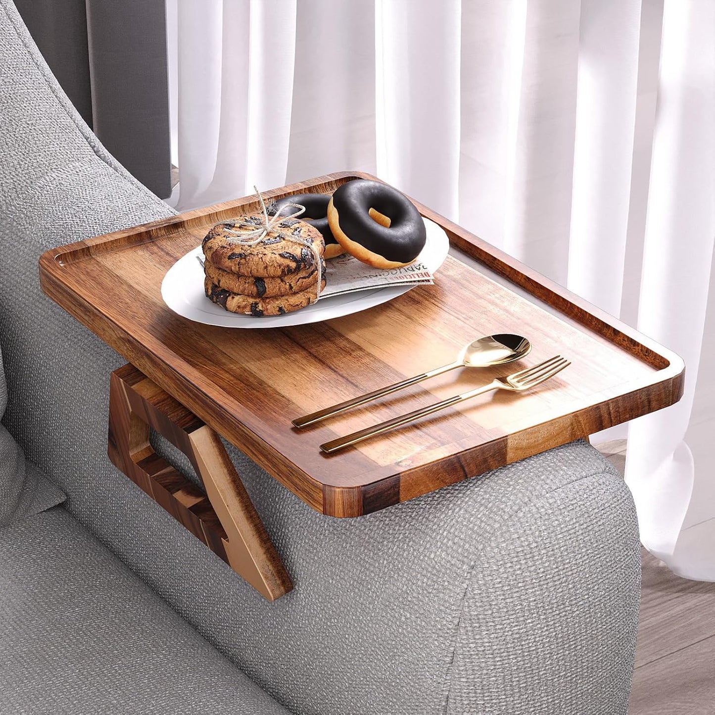 Acacia Wood Couch Arm Tray,Folding Sofa Armrest Tray,Couch Arm Table Clip-On Couch Desk for Drinks, Snacks,Phone,Remote Control