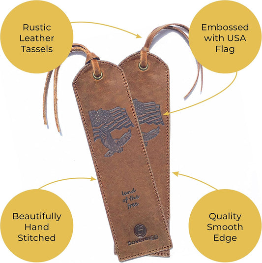 Sovereign-Gear Premium Leather Bookmark | Elegant Smart Bookmark for Men and Women | 2-Pack Leather Bookmarks with USA Flag & Eagle for Readers, Writers, and Book Lovers (7x2)