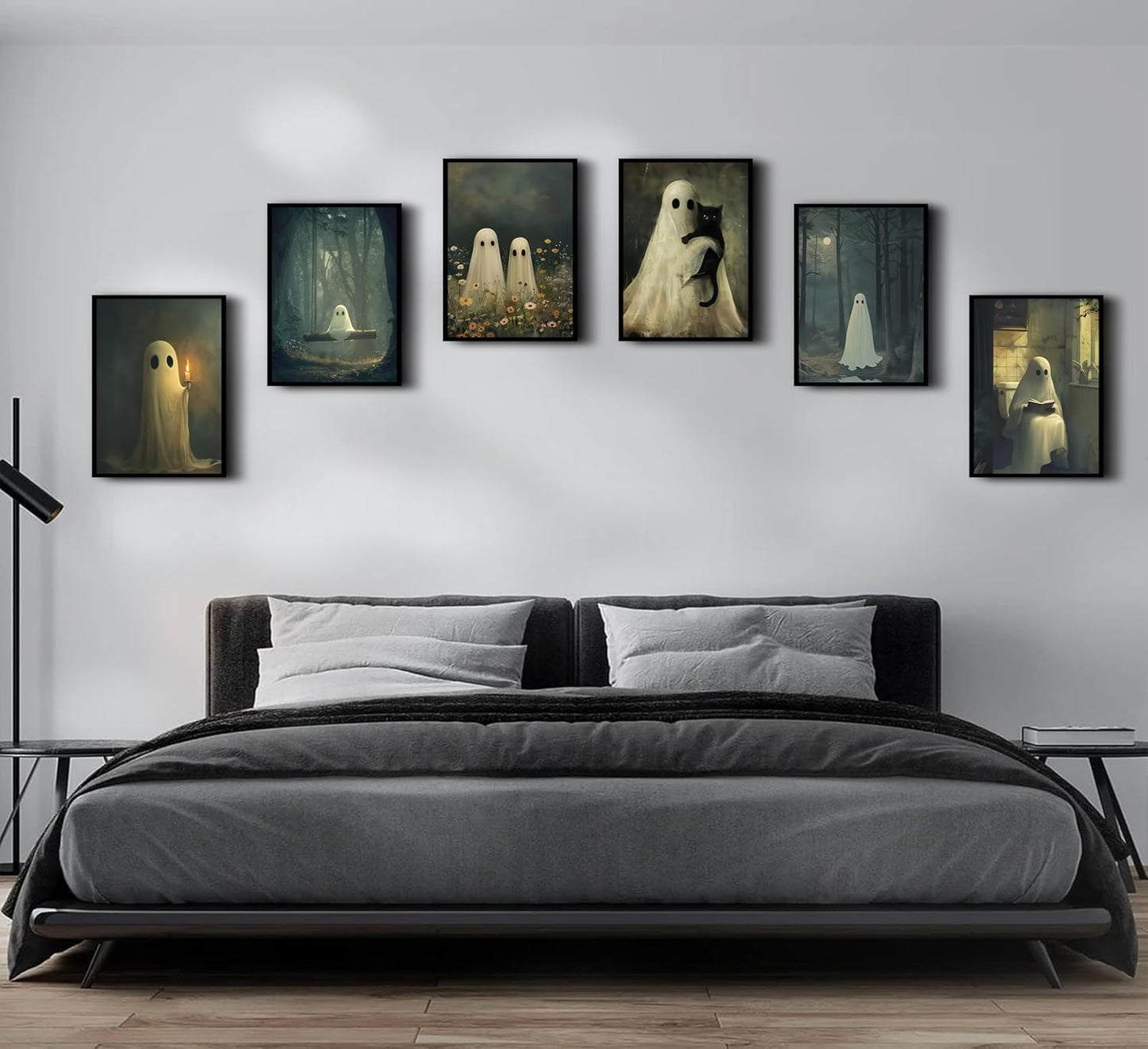 6Pcs Vintage Halloween Ghost Wall art Victorian Gothic Cute Candle Ghost Painting Picture Wall Decor Retro Horror Creepy Dark Academia Poster Print Artwork for Halloween Party Home Decoration