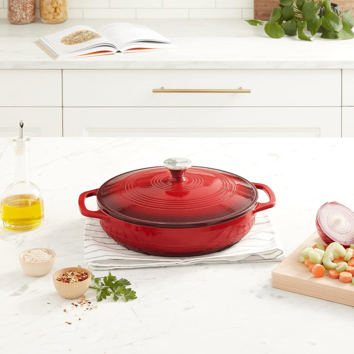 Lodge Essential Enamel Braiser - Refrigerator- & Oven-Safe up to 500° F - Heat-Retaining, Induction-Safe & PFAS-Free Enamel Cookware - 3.5 Quart, Island Spice Red