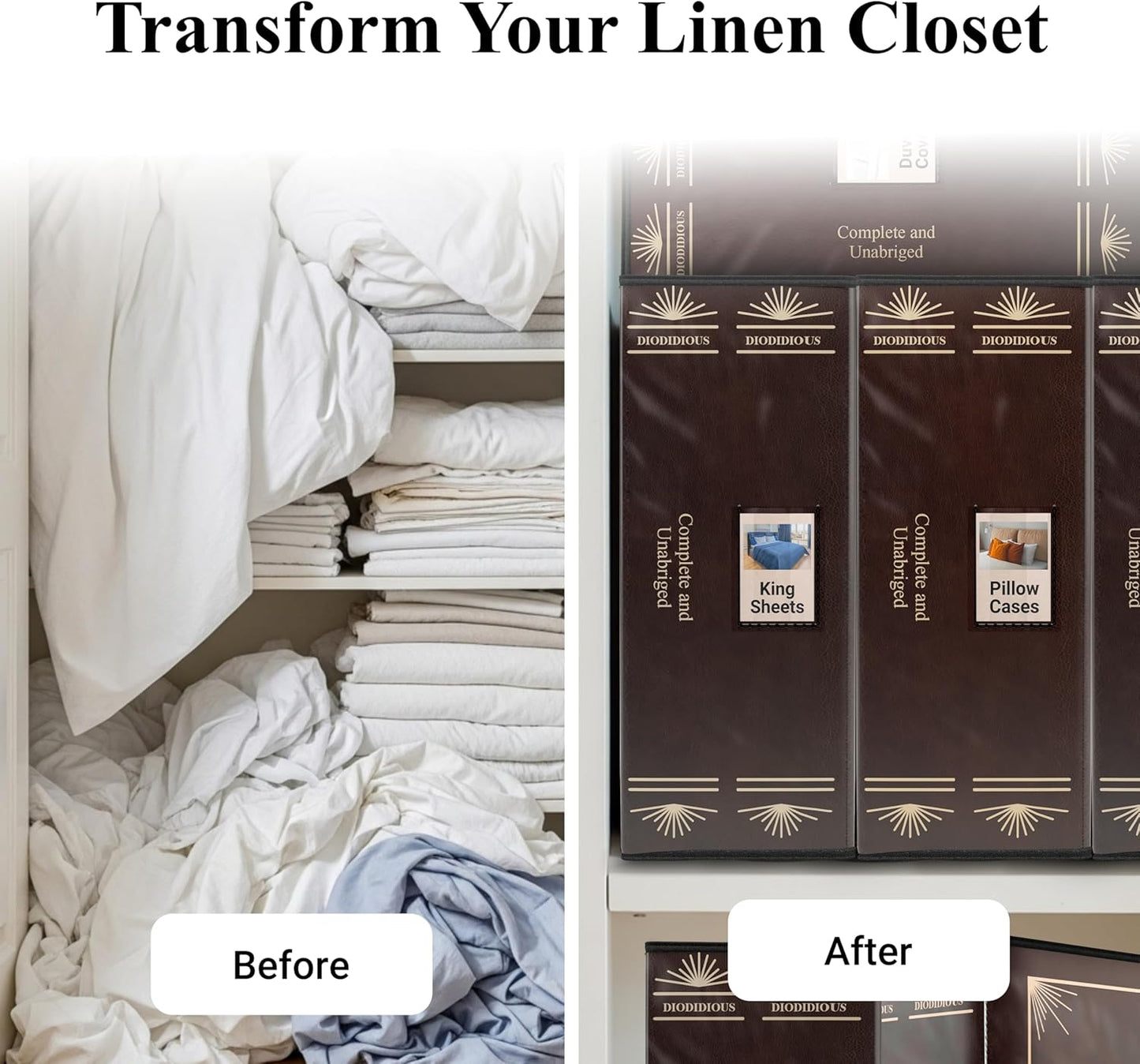 Bedsheet Organizer for Linen Closet, Foldable Faux Leather Book-Style Storage Box with Label Window, Decorative Bedding and Sheet Organizer for Queen & King Sets, Brown